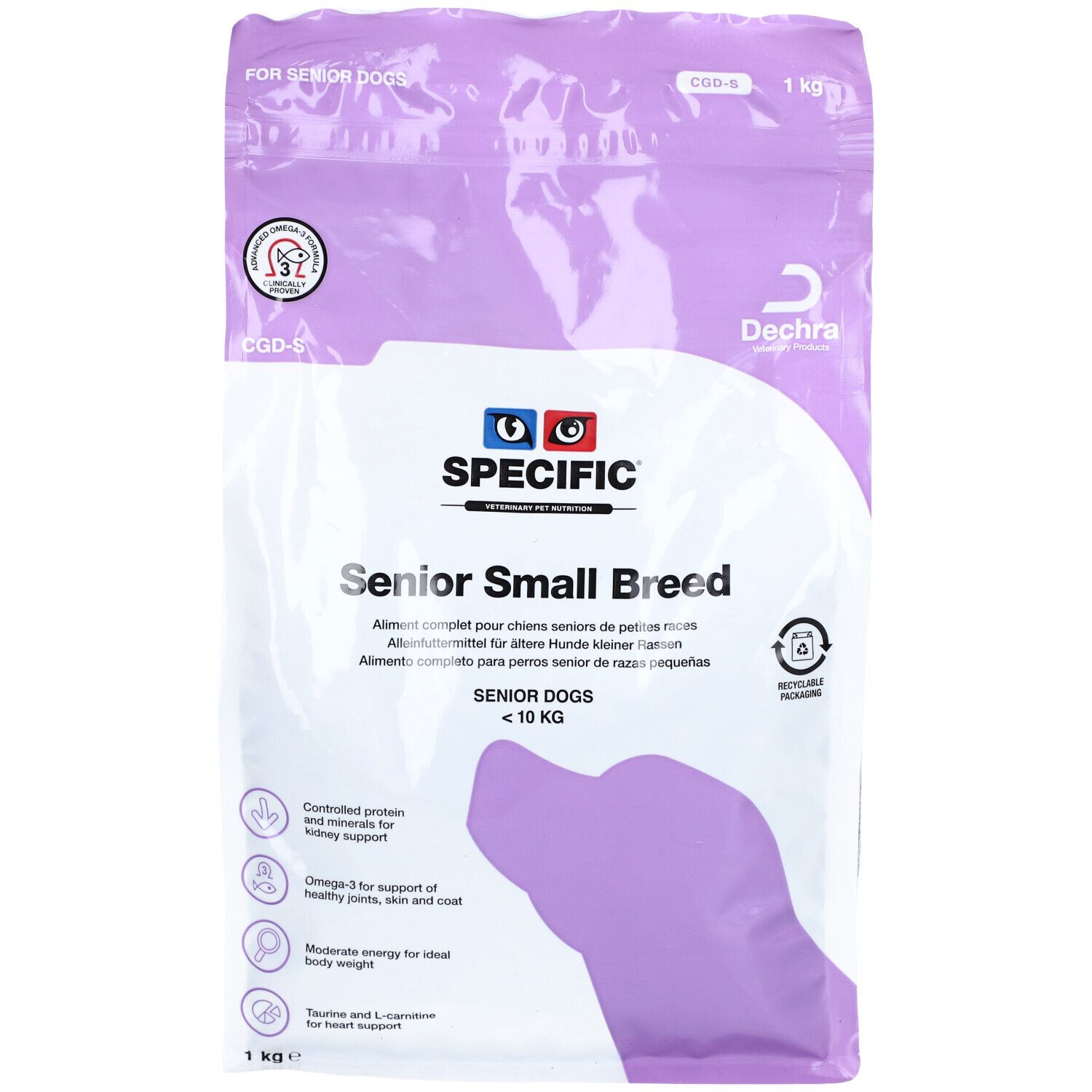 Futterbeutel für ältere Hunde kleiner Rassen. Marke: Specific. Hauptmerkmale: Senior Small Breed, <10 KG, 1 kg. Mit Logo und Text.