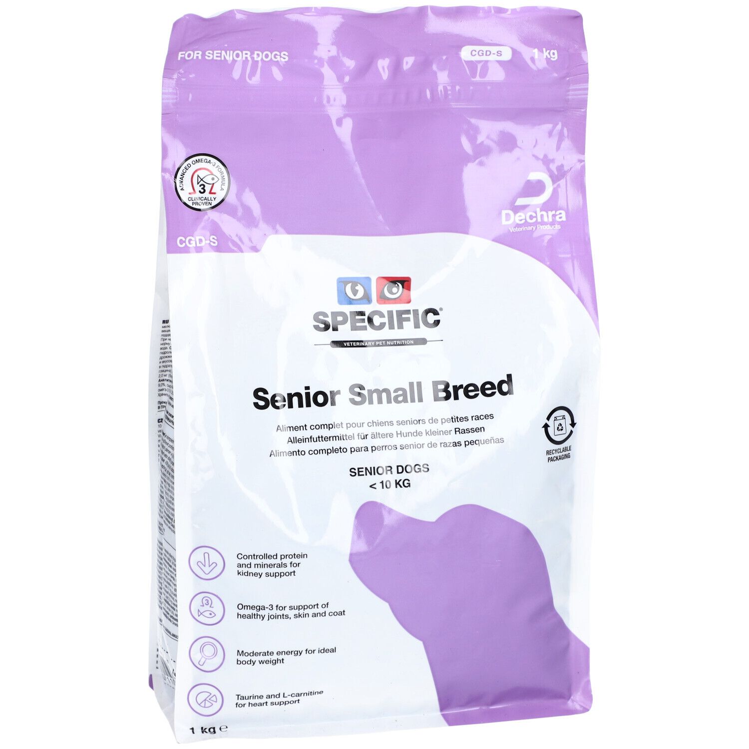 Futterbeutel für ältere Hunde kleiner Rassen. Marke: Specific. Hauptmerkmale: Senior Small Breed, <10 KG, 1 kg. Mit Logo und Text.