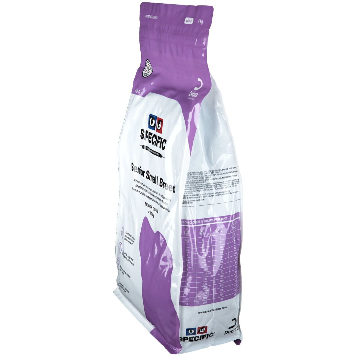 Vue en biais du sac de nourriture pour chiens. Inscription : Specific Senior Small Breed. Emballage violet et blanc. Logo Dechra.