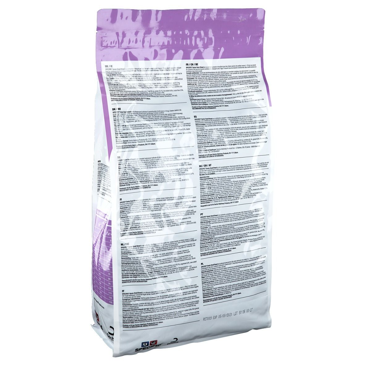 Dos du sac de nourriture pour chiens. Texte en plusieurs langues. Emballage violet et blanc. Logo Dechra.