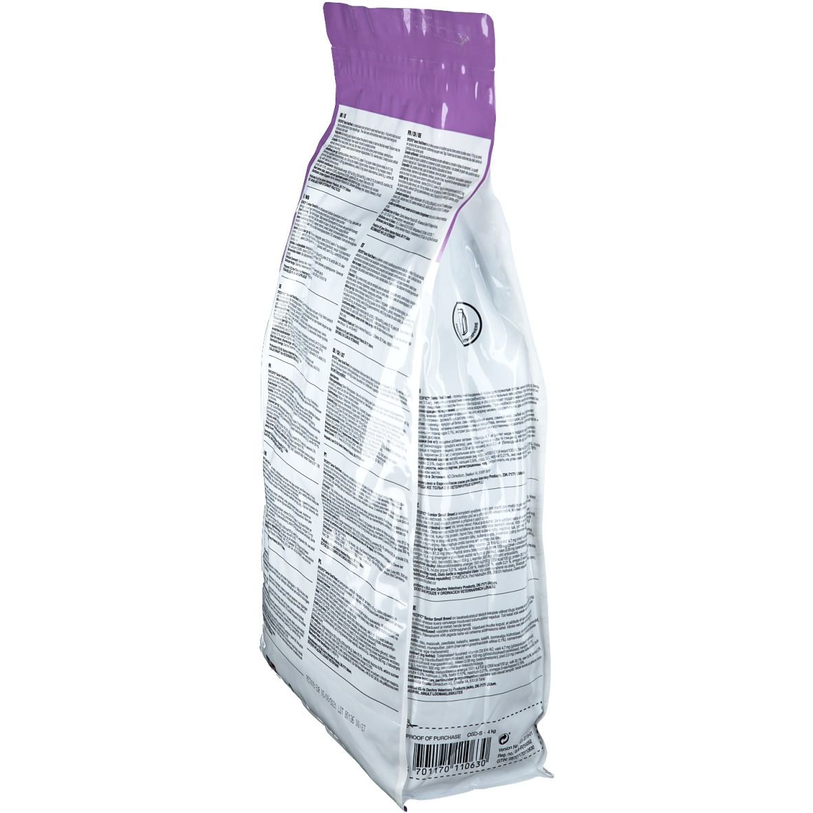 Vue en biais du sac de nourriture pour chiens. Dos avec texte. Emballage violet et blanc. Logo Dechra.