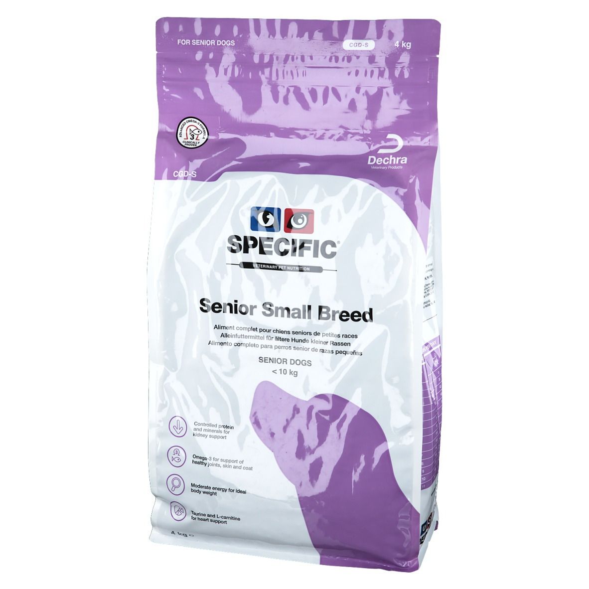 Sac de nourriture pour chiens. Inscription : Specific Senior Small Breed. Emballage violet et blanc. Logo Dechra. Pour chiens de moins de 10 kg.