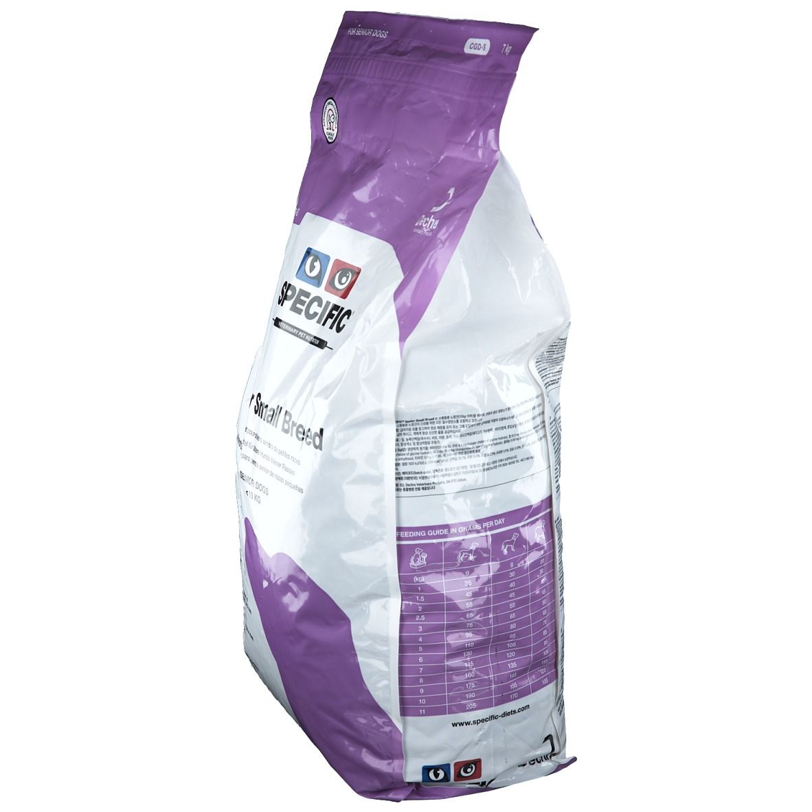 Seitenansicht der Verpackung von Specific Senior Small Breed Hundefutter. Weiß und lila.