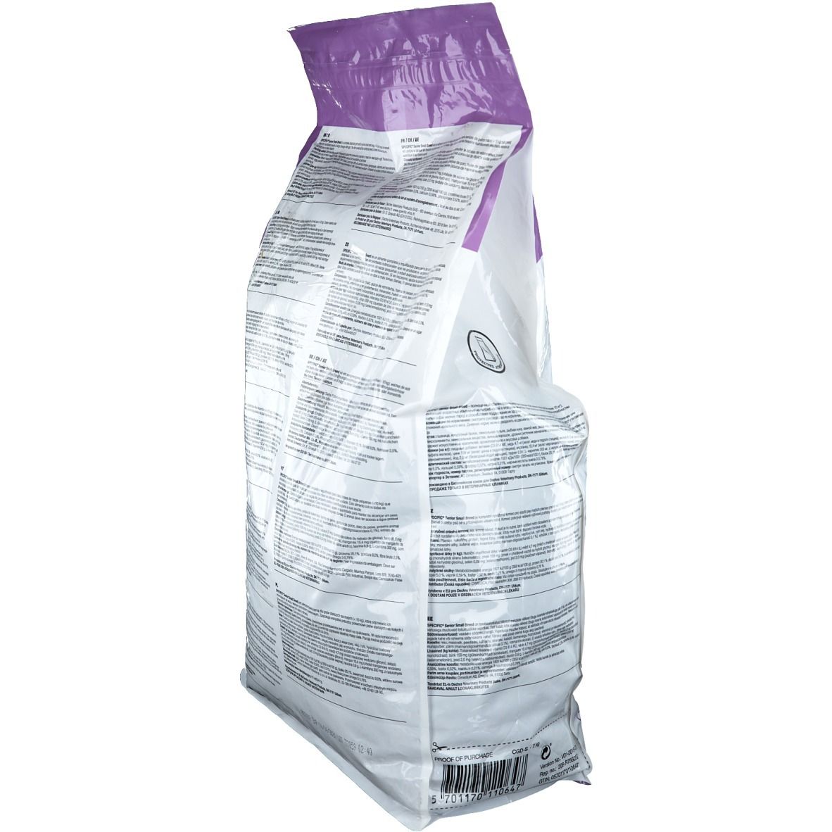 Seitenansicht der Verpackung von Specific Senior Small Breed Hundefutter. Weiß und lila.