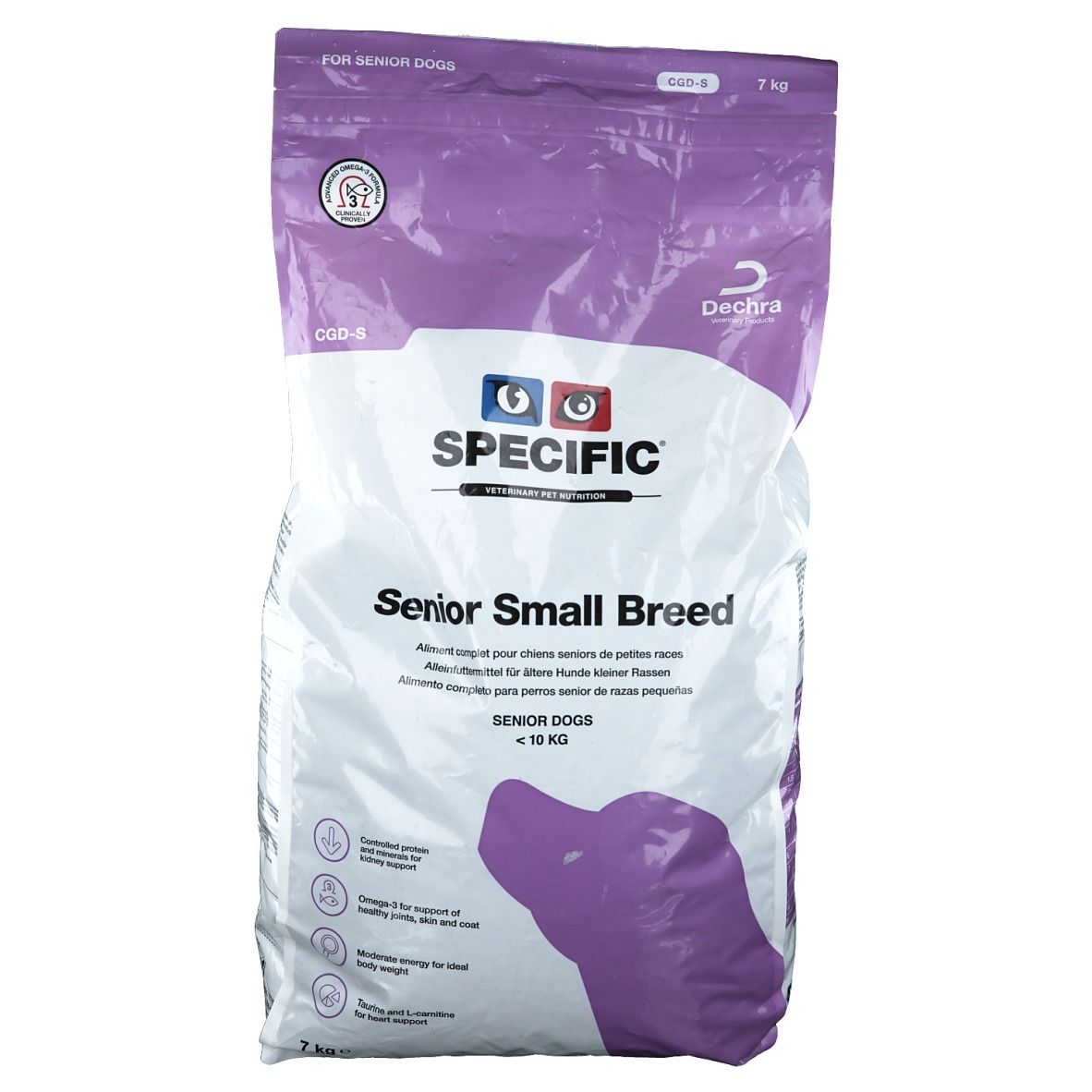 Verpackung für Hunde-Trockenfutter. Marke: Specific. Aufschrift: Senior Small Breed. Lila und weiße Verpackung.