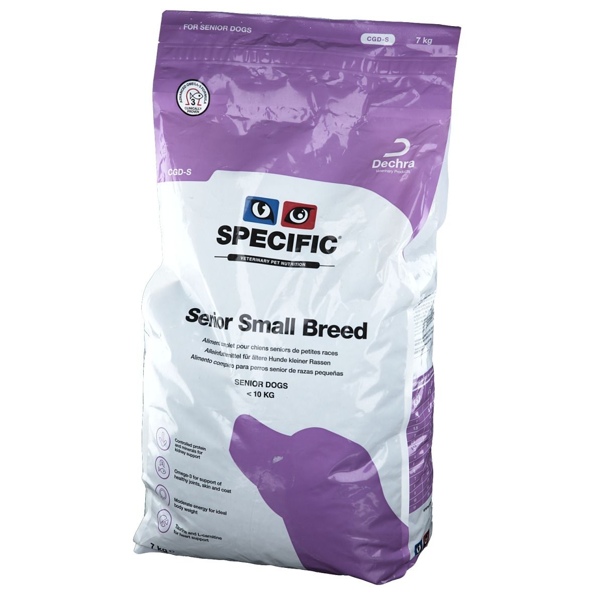 Verpackung für Hunde-Trockenfutter. Marke: Specific. Aufschrift: Senior Small Breed. Lila und weiße Verpackung.