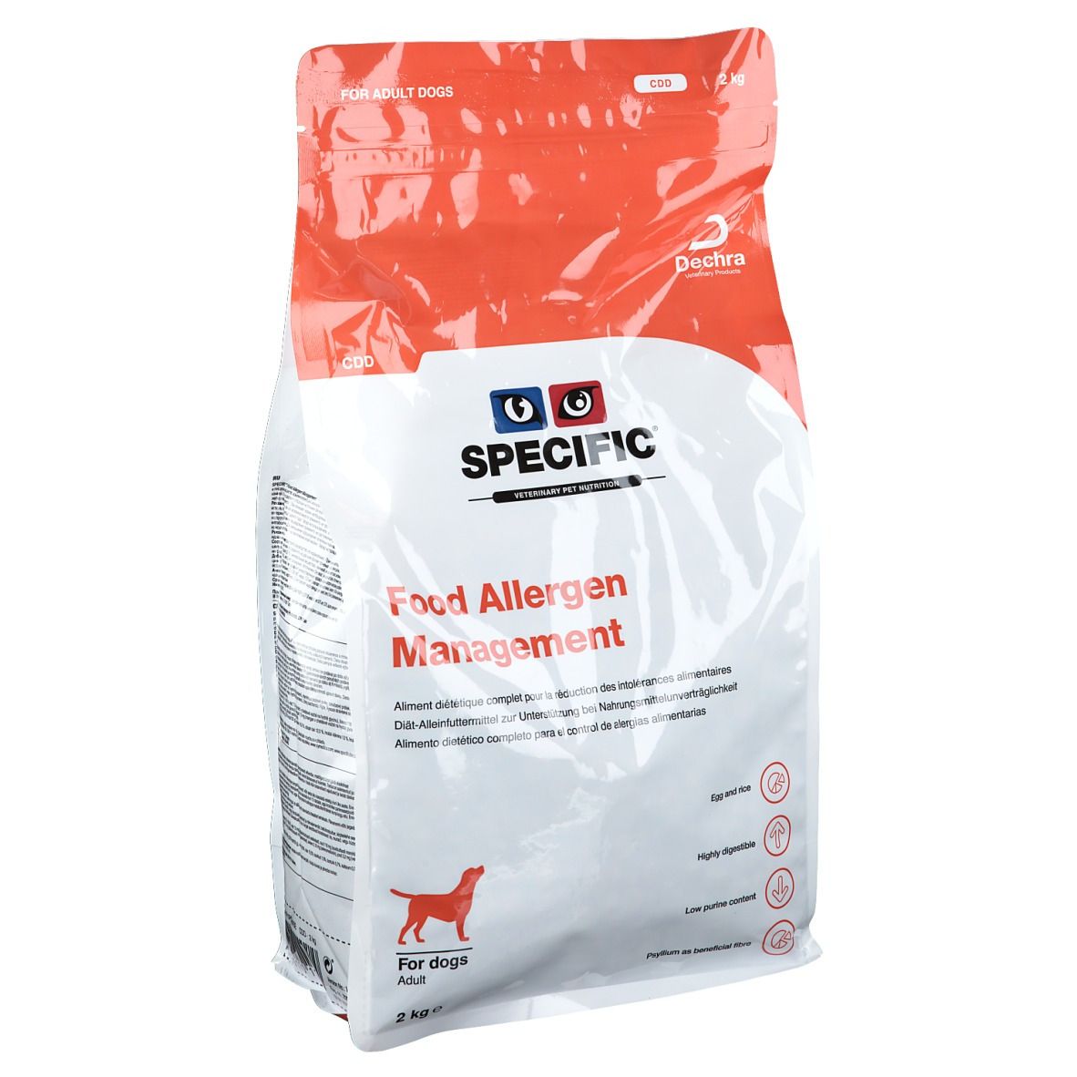 Emballage de nourriture pour chiens. Inscription: SPECIFIC Food Allergen Management. Fond rouge, sac blanc. Silhouette de chien.