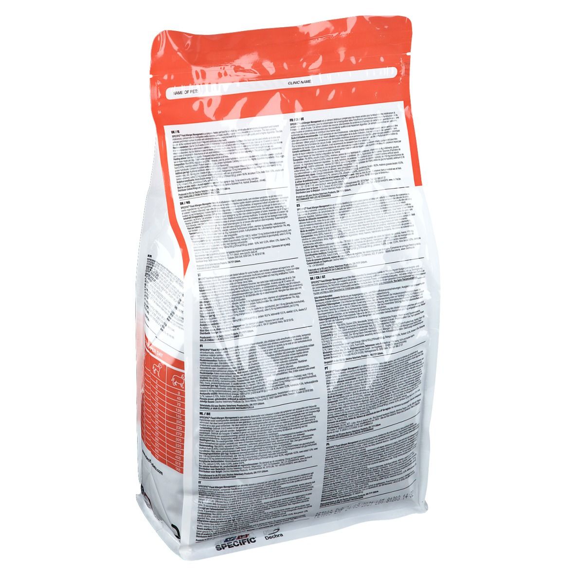 Dos d'un sac de nourriture pour chiens. Texte en plusieurs langues. Sac blanc avec fond rouge. Emballage transparent.