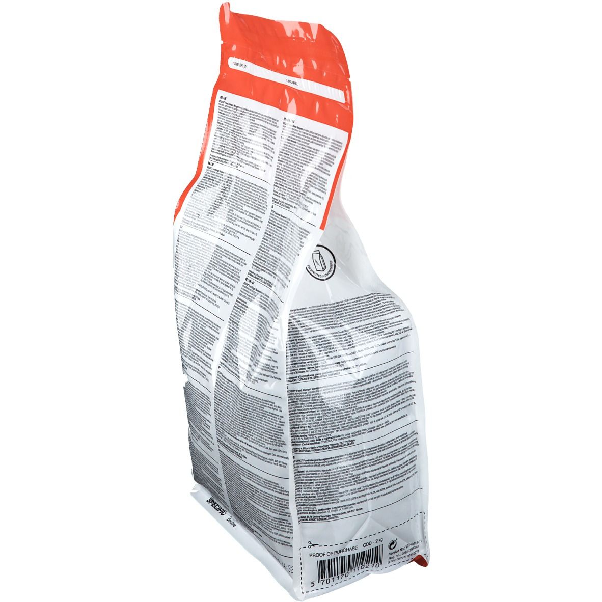 Vue latérale d'un sac de nourriture pour chiens. Texte en plusieurs langues. Sac blanc avec fond rouge. Emballage transparent.