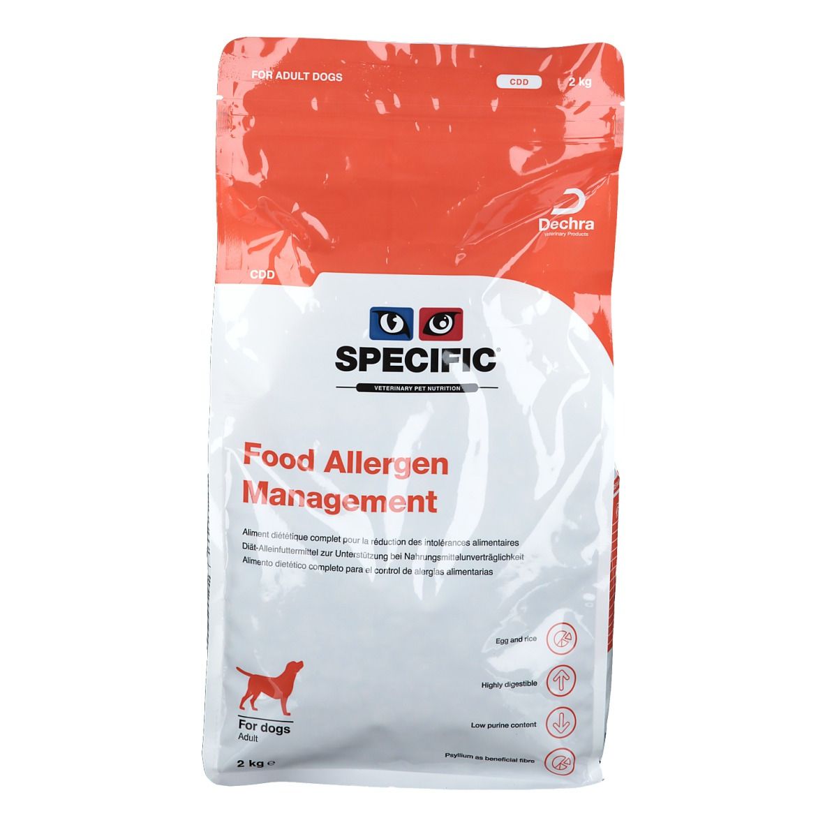 Sac de nourriture pour chiens. Inscription: SPECIFIC Food Allergen Management. Fond rouge, sac blanc. Silhouette de chien. 2 kg.
