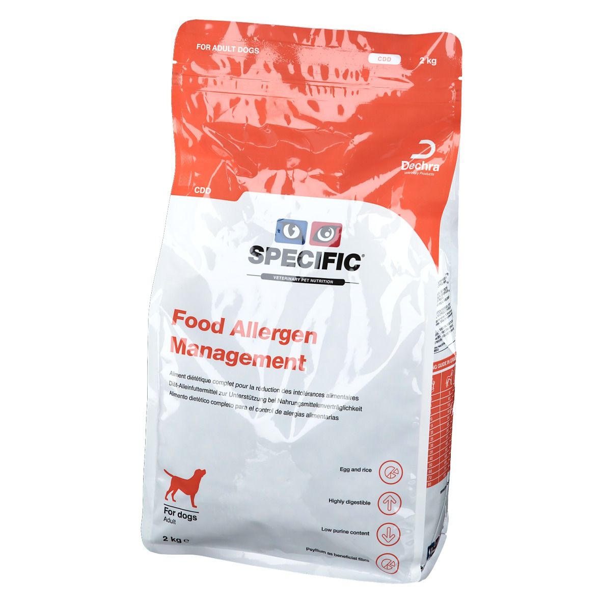 Sac de nourriture pour chiens. Inscription: SPECIFIC Food Allergen Management. Fond rouge, sac blanc. Silhouette de chien. 2 kg.
