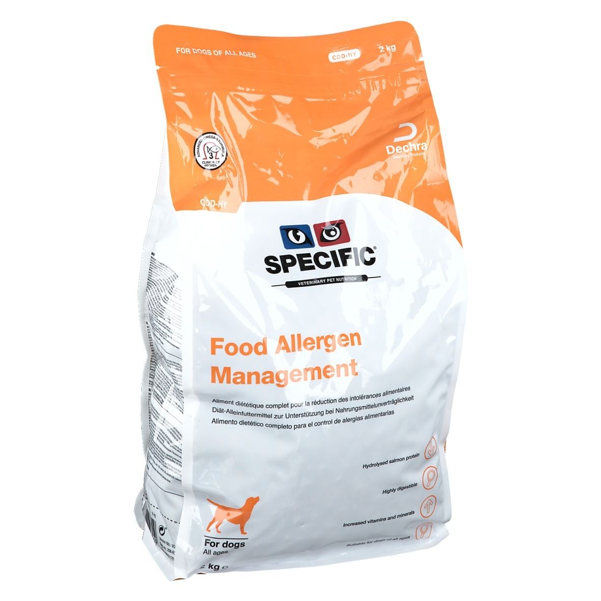 Beutel mit SPECIFIC Food Allergen Management Hundefutter. Orange-weiße Verpackung, Logo, Text, Hund-Symbol, 2 kg.