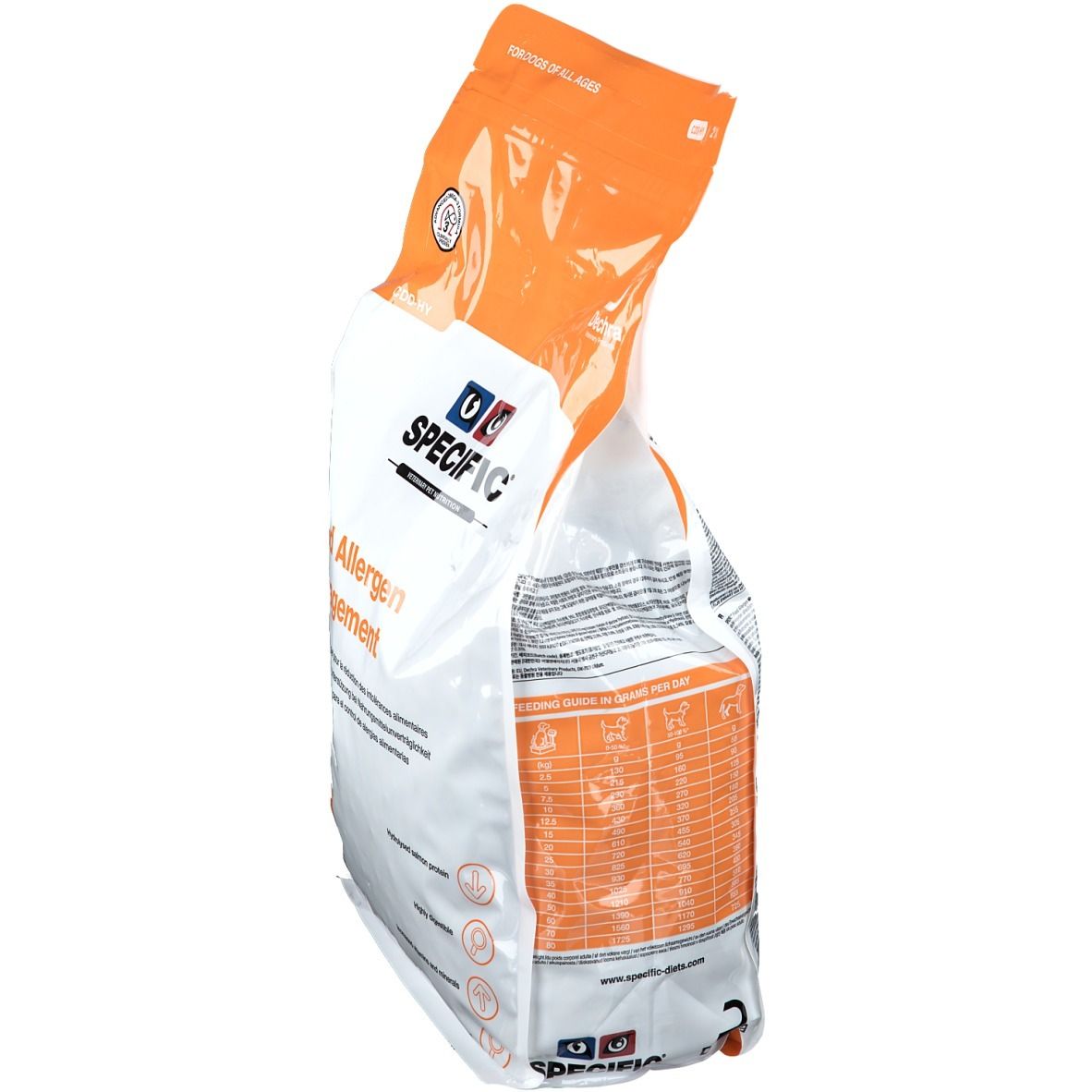 Schrägansicht des SPECIFIC Food Allergen Management Hundefutter-Beutels. Orange-weiße Verpackung, Logo, Text, Details.