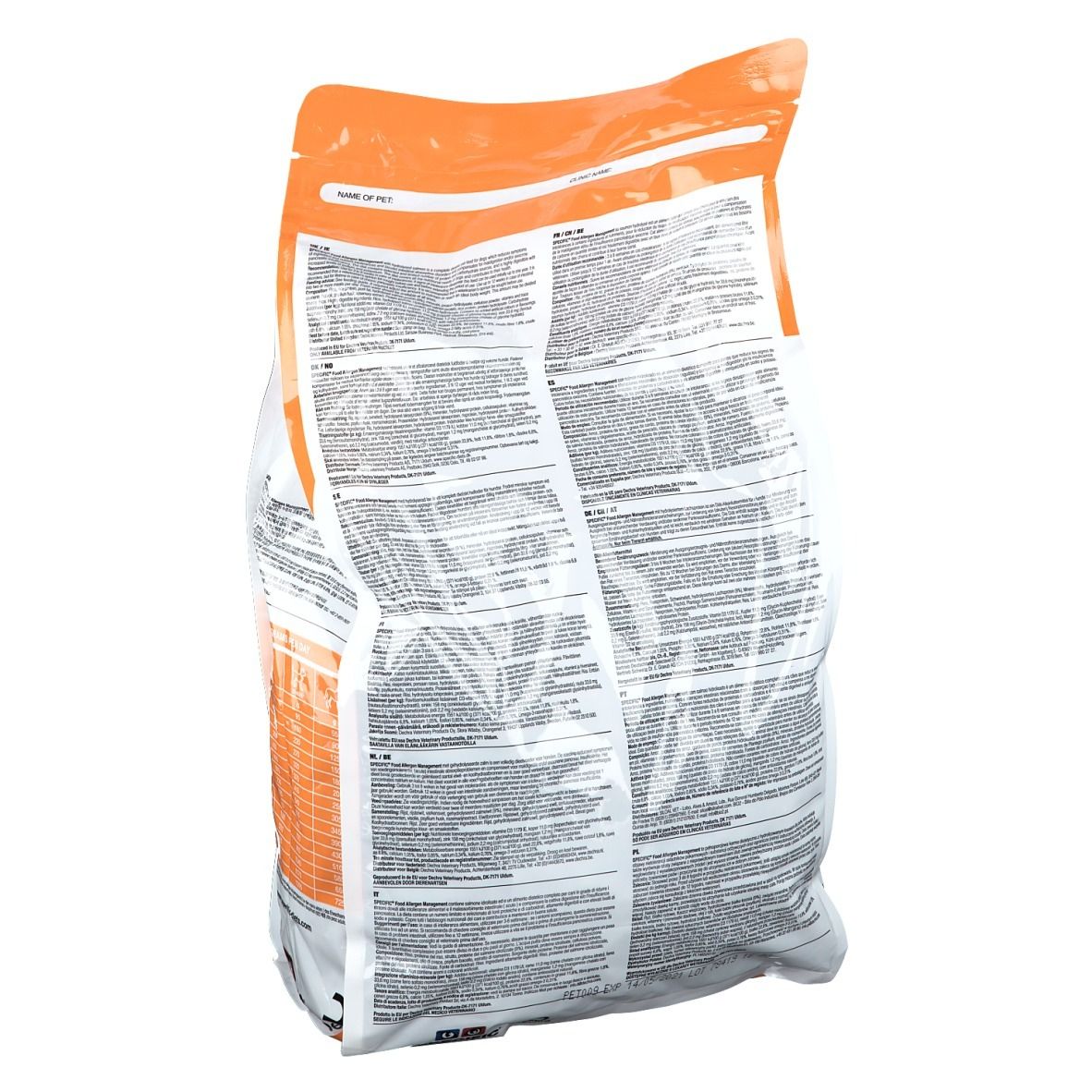 Rückseite des SPECIFIC Food Allergen Management Hundefutter-Beutels. Text in mehreren Sprachen, orangefarbener Bereich.