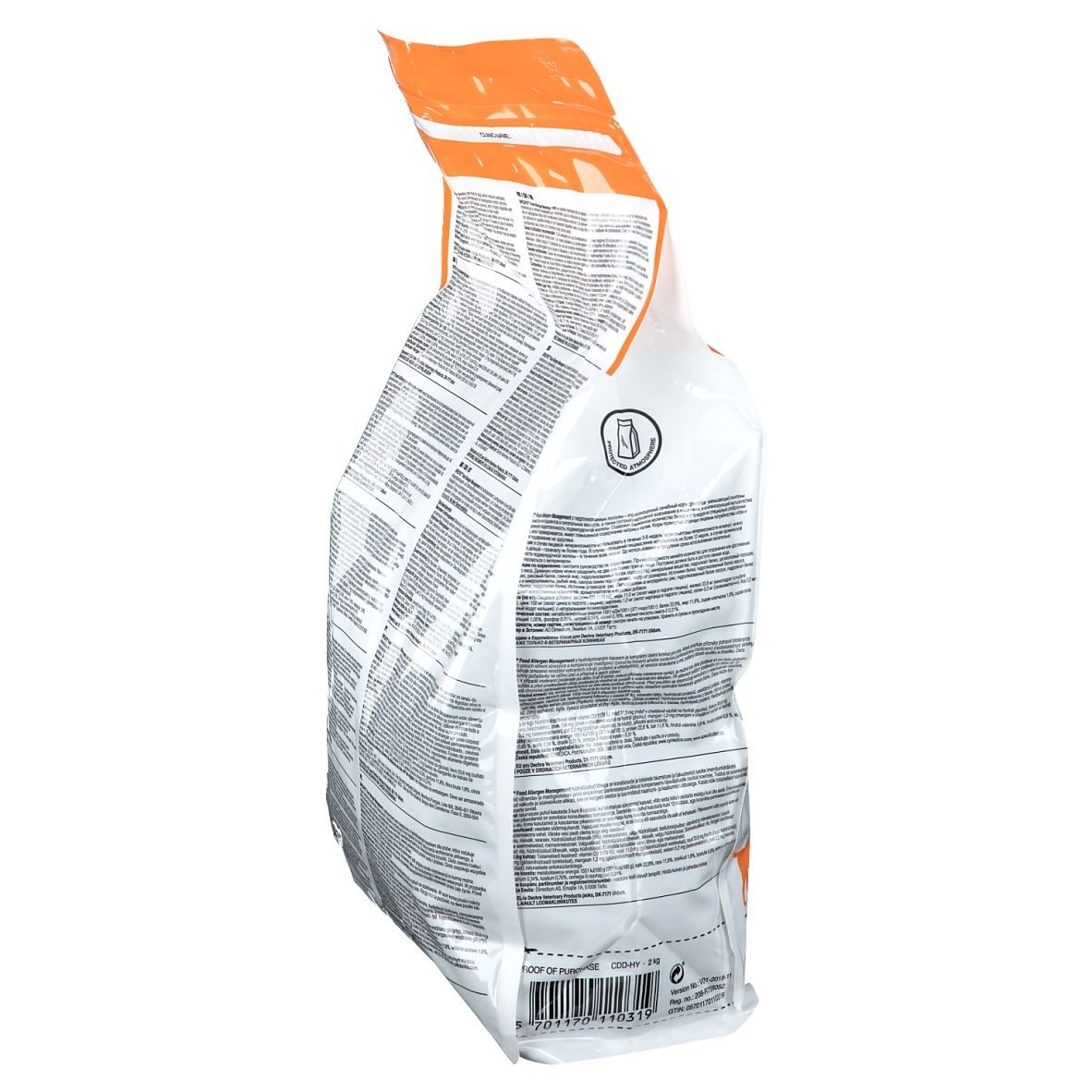 Seitenansicht des SPECIFIC Food Allergen Management Hundefutter-Beutels. Text, orangefarbener Bereich, weißer Hintergrund.