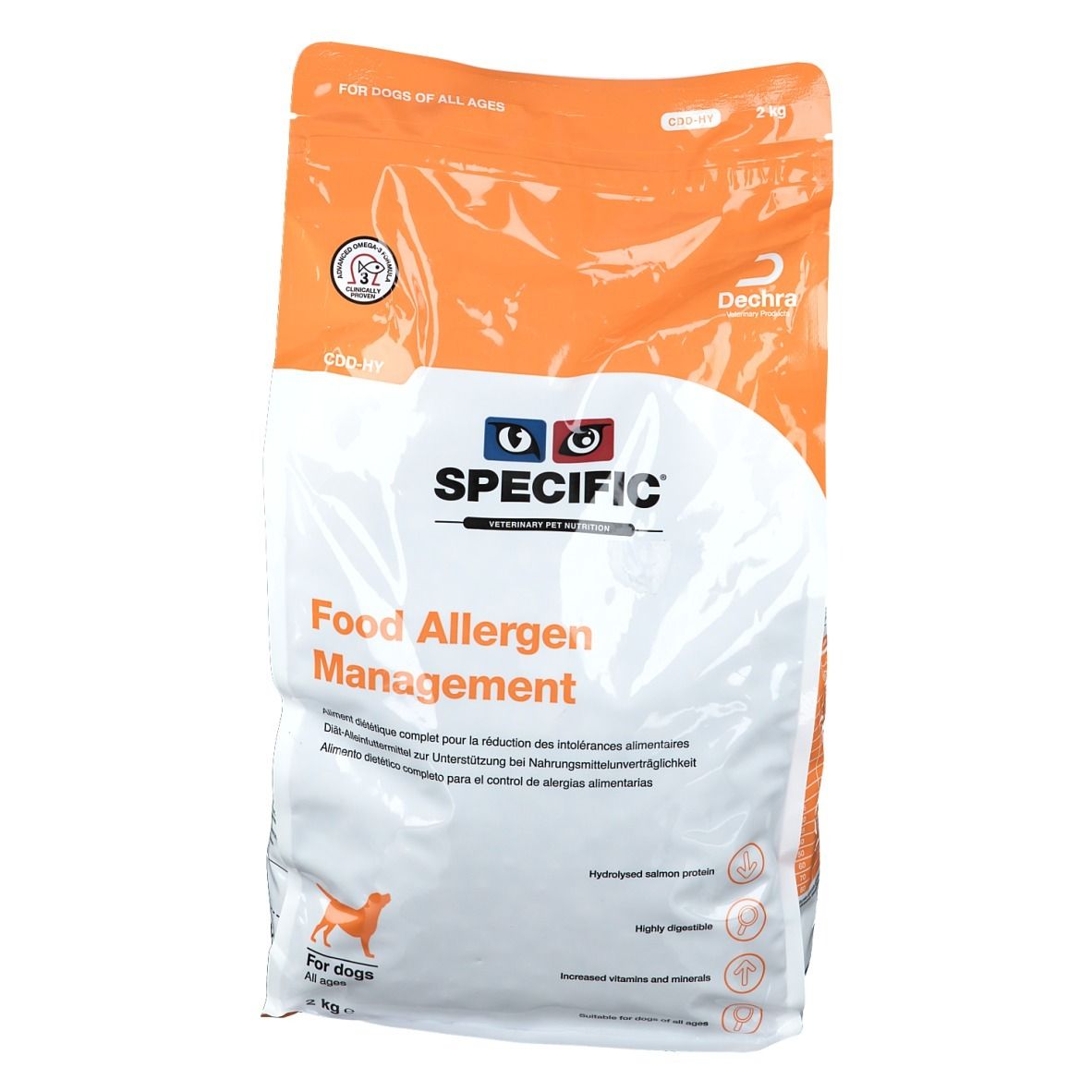 SPECIFIC Food Allergen Management Hundefutter-Beutel. Orange-weiße Verpackung, Logo, Text, Hund-Symbol, 2 kg.