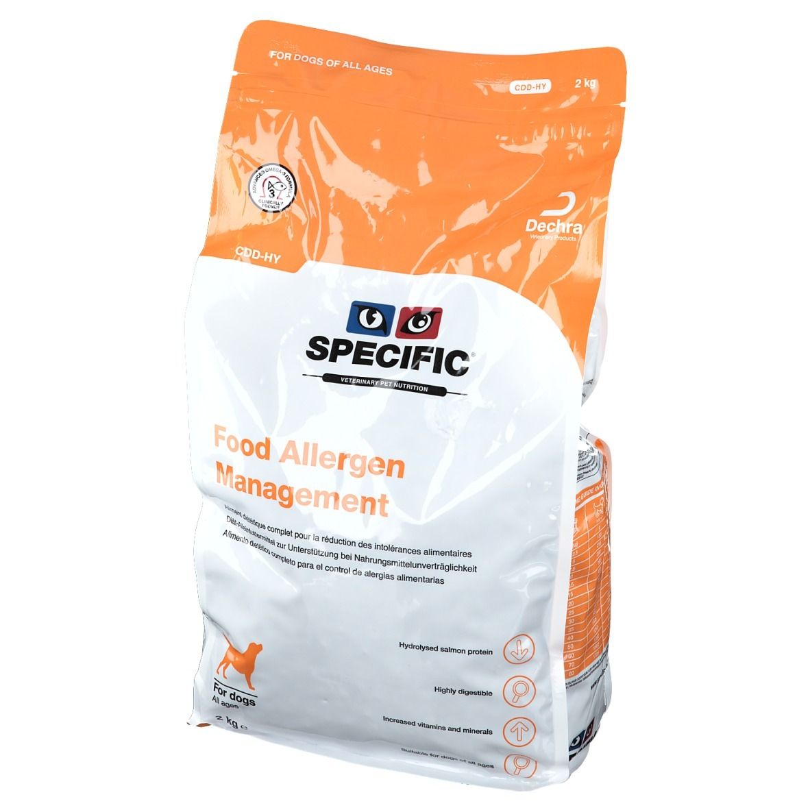 SPECIFIC Food Allergen Management Hundefutter-Beutel. Orange-weiße Verpackung, Logo, Text, Hund-Symbol, 2 kg, CDD-HY.