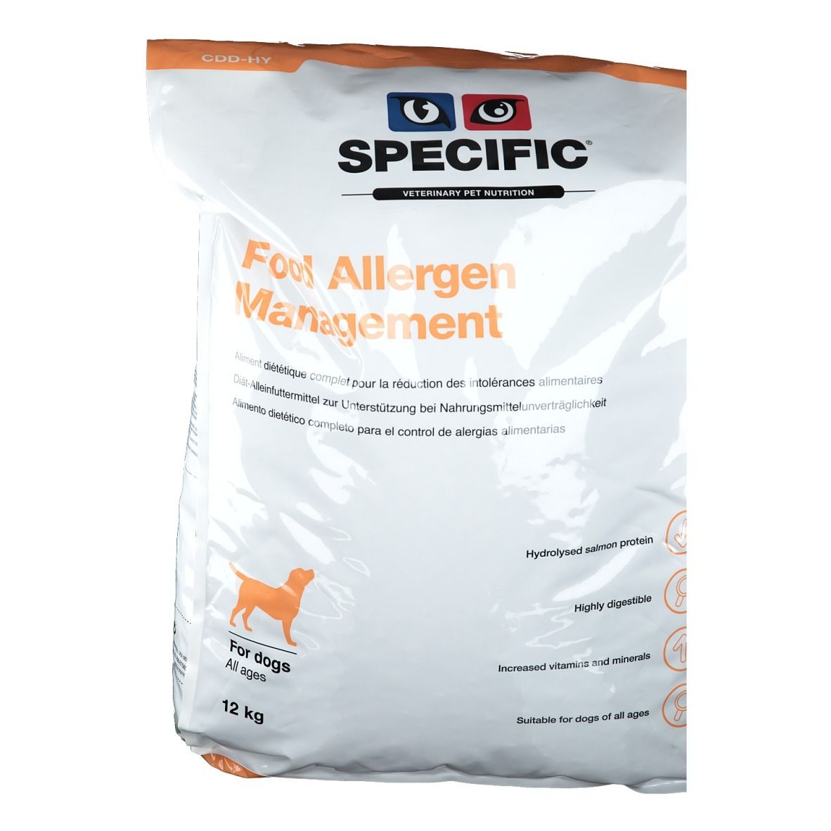 Weißer Beutel mit Aufdruck. "SPECIFIC"-Logo. "Food Allergen Management"-Text. Abbildung eines Hundes. "For dogs All ages"-Text.