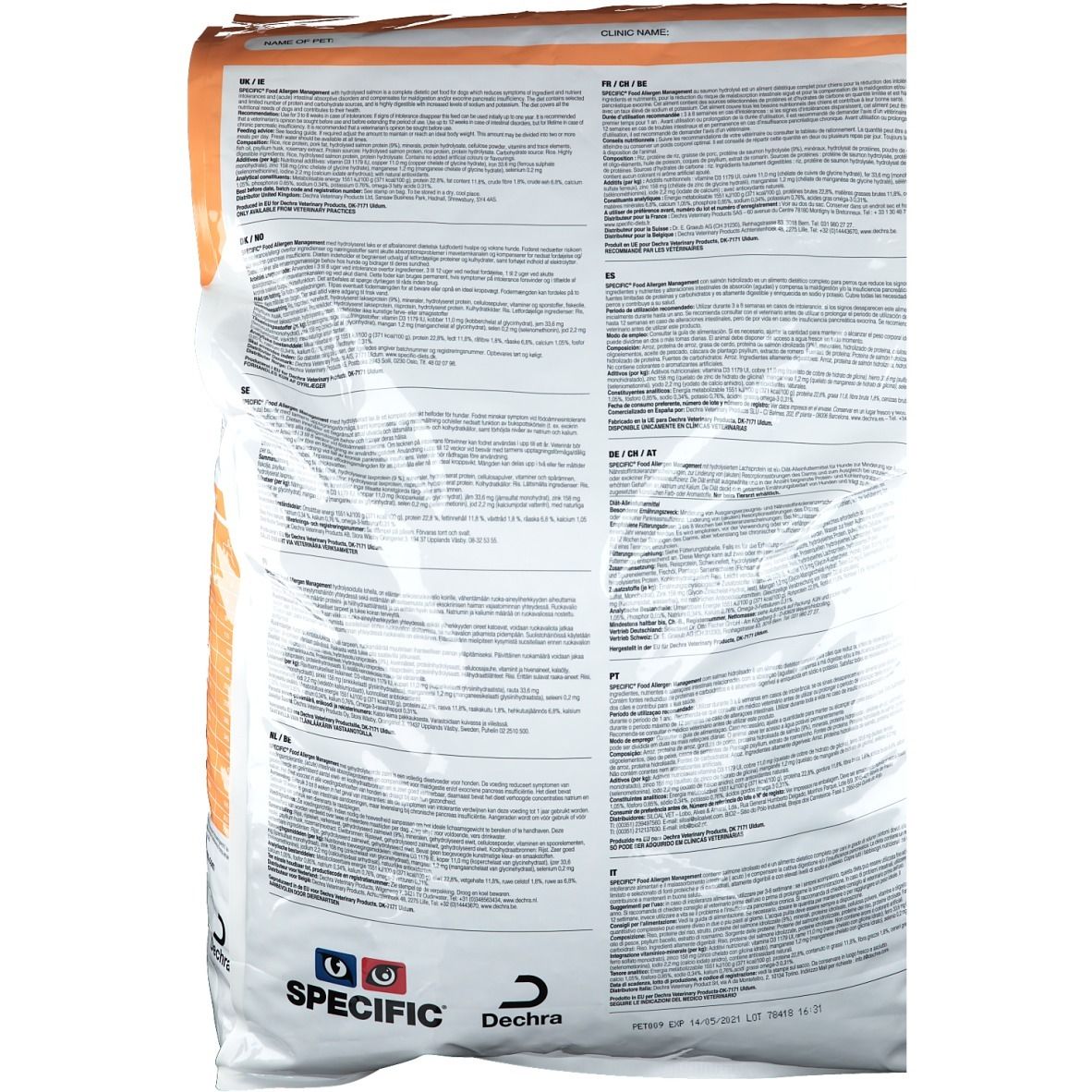 Rückseite eines Beutels. Text in mehreren Sprachen. "SPECIFIC"-Logo. "Dechra"-Logo.