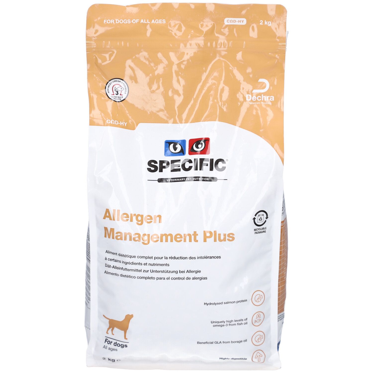 Beutel mit Tierfutter. Aufschrift: SPECIFIC Allergen Management Plus. Enthält hydrolysiertes Lachs-Protein und Omega-3-Fettsäuren. Für Hunde jeden Alters.