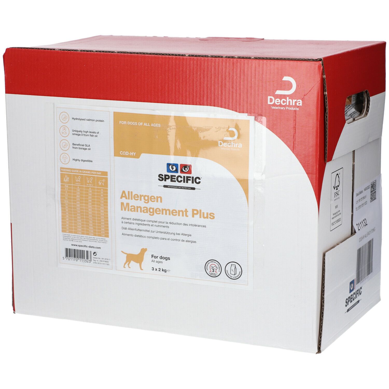 Carton 'SPECIFIC Allergen Management Plus' pour chiens. Contient 3 x 2 kg. Logo Dechra en haut à droite.