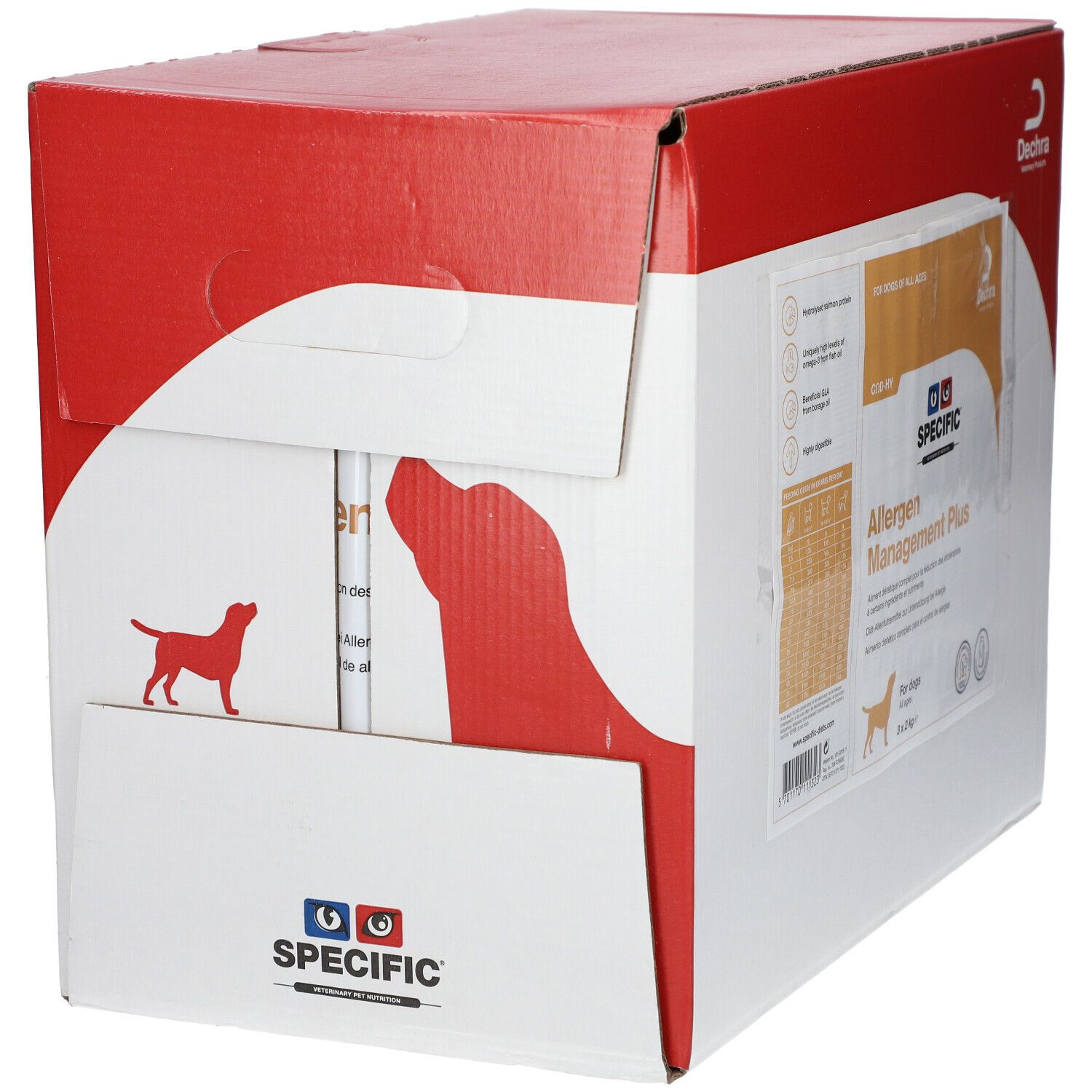 Carton 'SPECIFIC Allergen Management Plus' pour chiens. Logo Dechra. Ouvert, montrant l'intérieur.