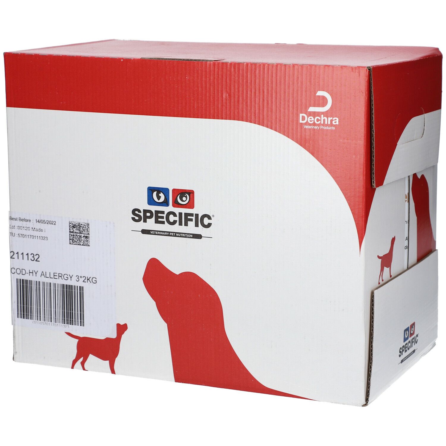 Carton 'SPECIFIC COD-HY ALLERGY 3*2KG'. Logo Dechra. Silhouette de chien. Code-barres et numéro de lot.