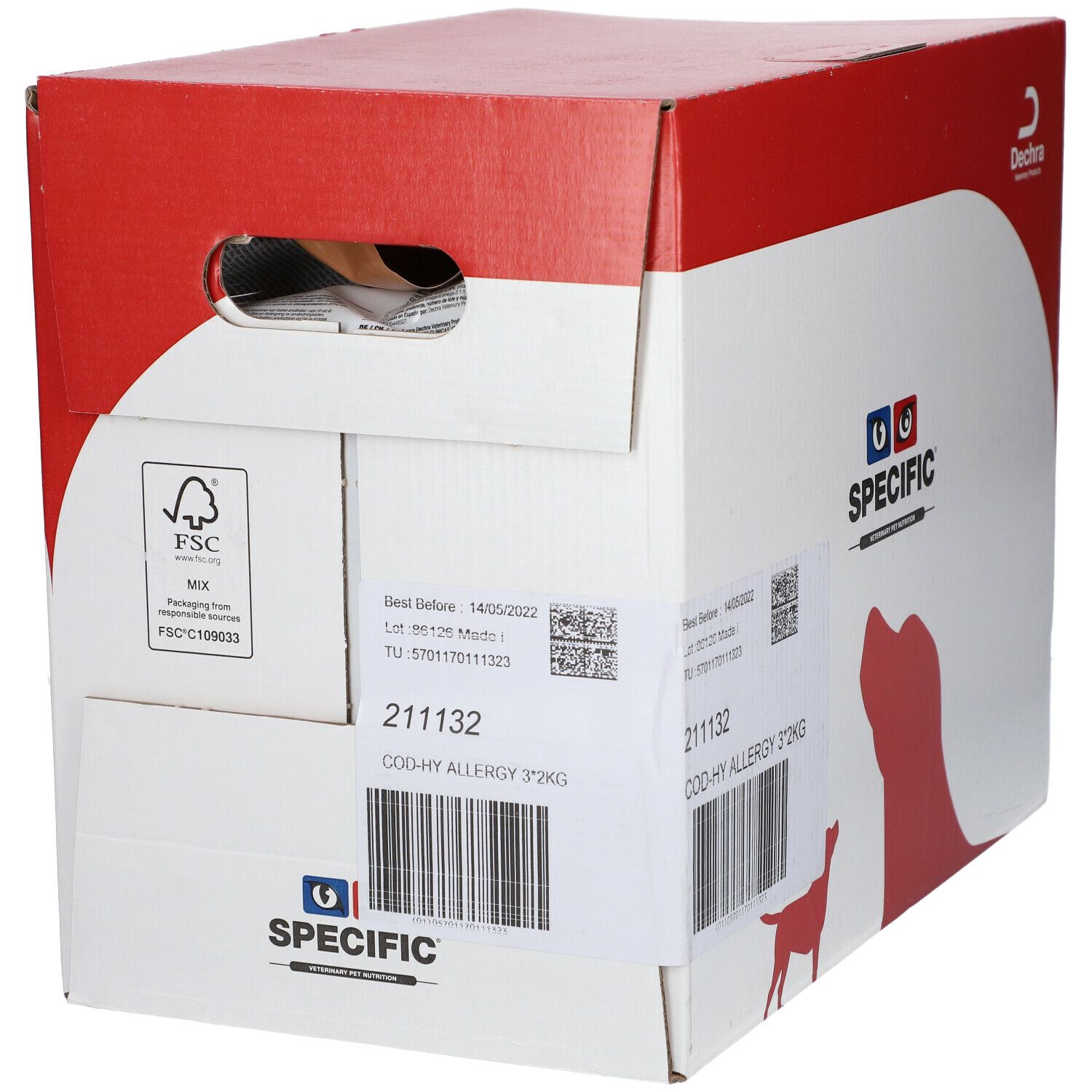Carton 'SPECIFIC COD-HY ALLERGY 3*2KG'. Logo Dechra. Logo FSC. Numéro de lot et date de péremption.