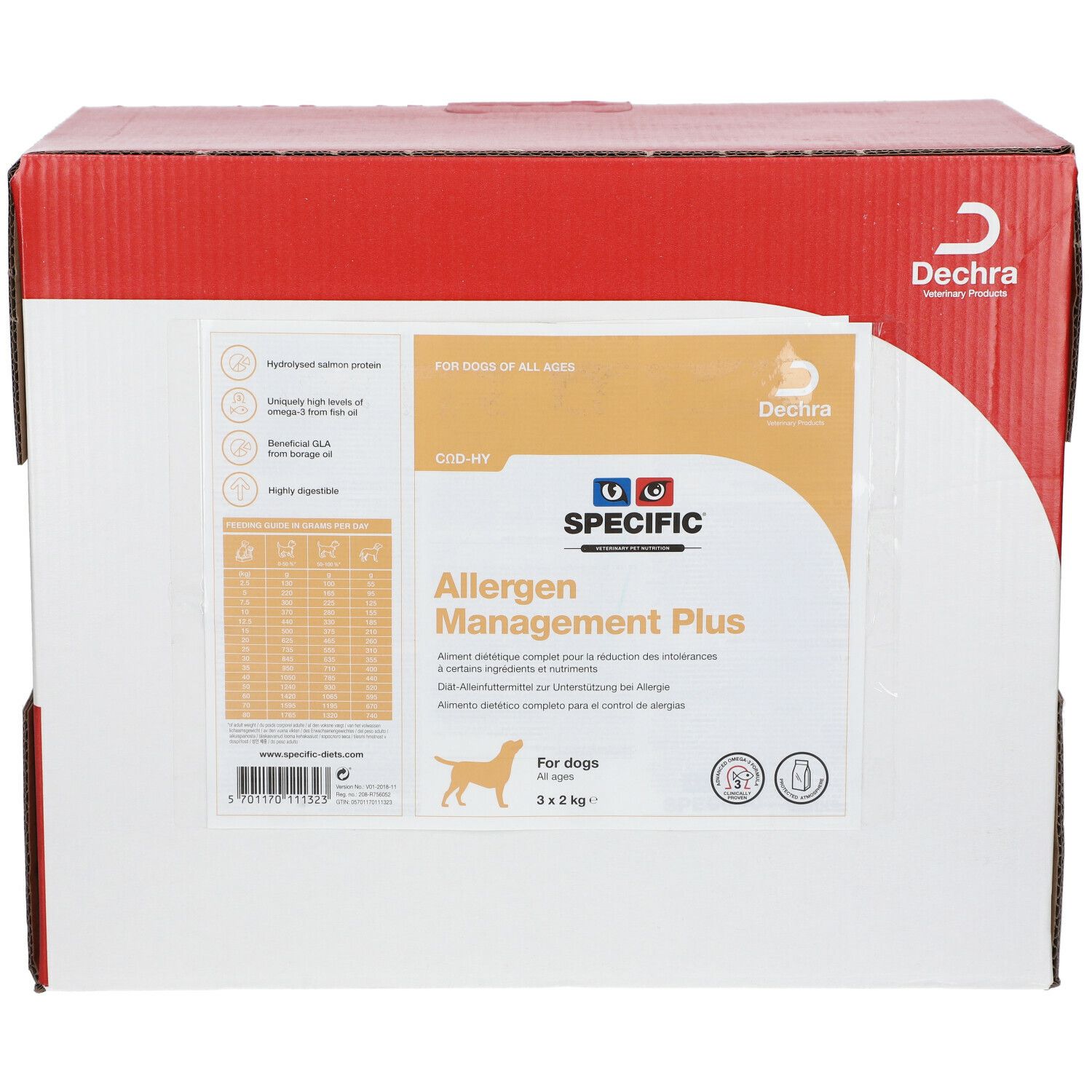 Carton 'SPECIFIC Allergen Management Plus' pour chiens. Logo Dechra. Contient 3 x 2 kg. Caractéristiques du produit.
