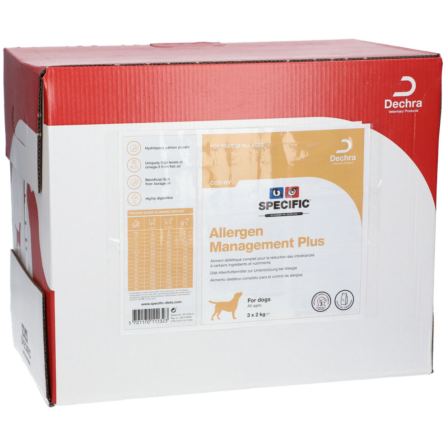 Carton 'SPECIFIC Allergen Management Plus' pour chiens. Logo Dechra. Contient 3 x 2 kg. Caractéristiques du produit.