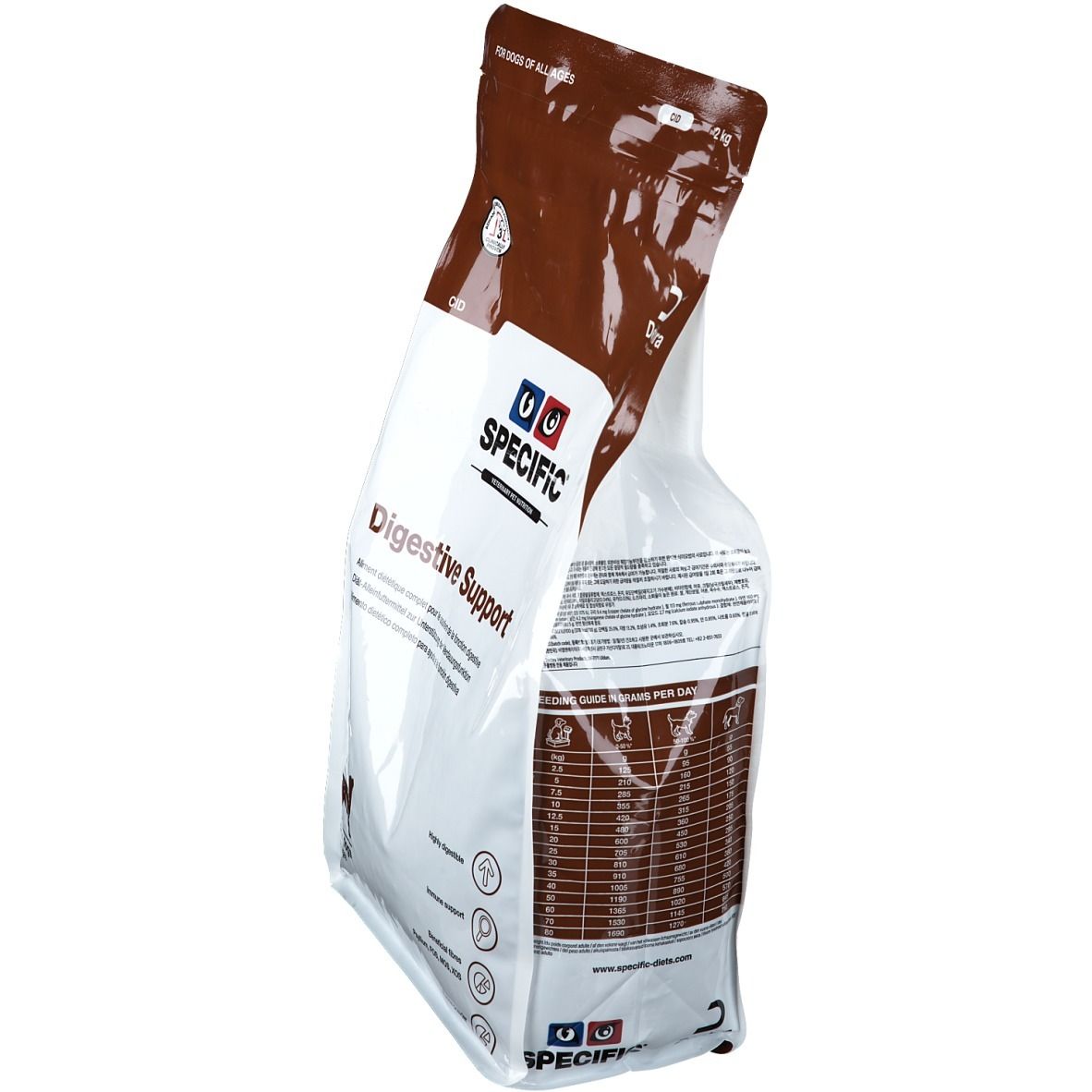 Hundefutterbeutel, schräg. Aufschrift: Specific Digestive Support. Marke: Dechra. Enthält Fütterungsempfehlungen.