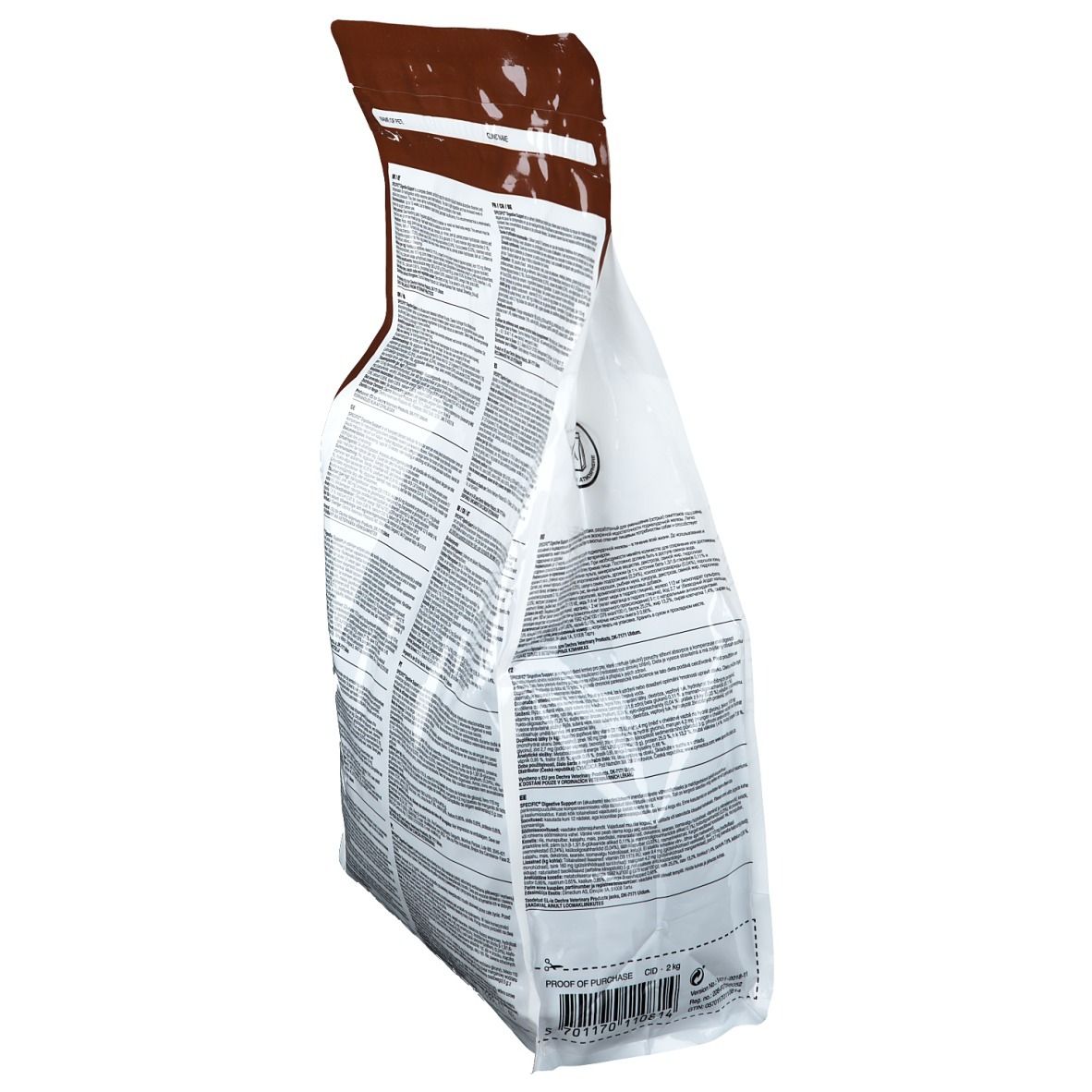 Hundefutterbeutel, schräg. Text in mehreren Sprachen. Marke: Dechra. Enthält Informationen zur Fütterung.