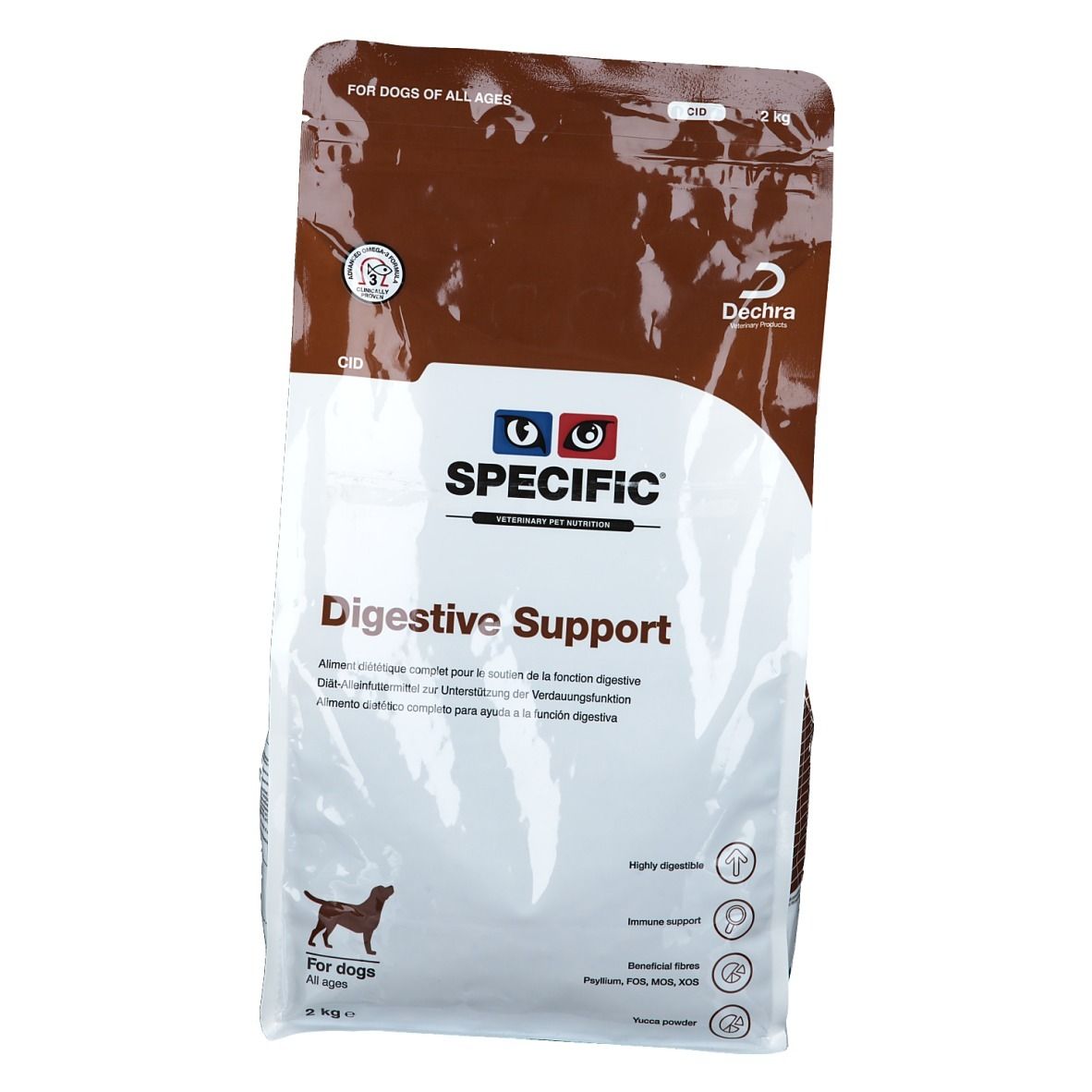 Hundefutterbeutel. Aufschrift: Specific Digestive Support. Marke: Dechra. Für Hunde aller Rassen und Altersgruppen.