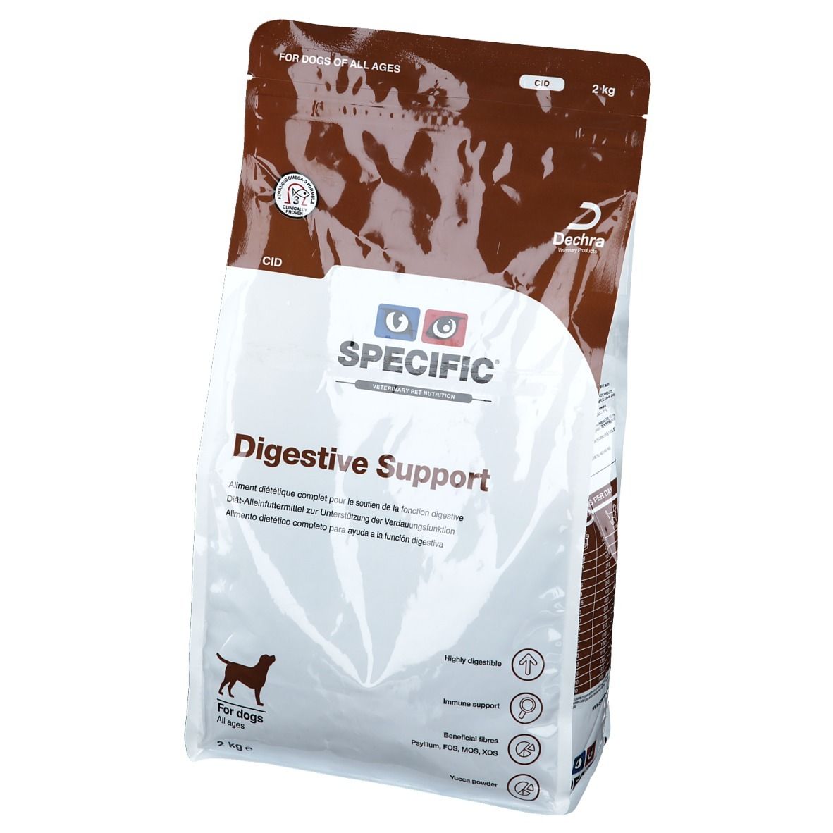 Hundefutterbeutel. Aufschrift: Specific Digestive Support. Marke: Dechra. Für Hunde aller Rassen und Altersgruppen.