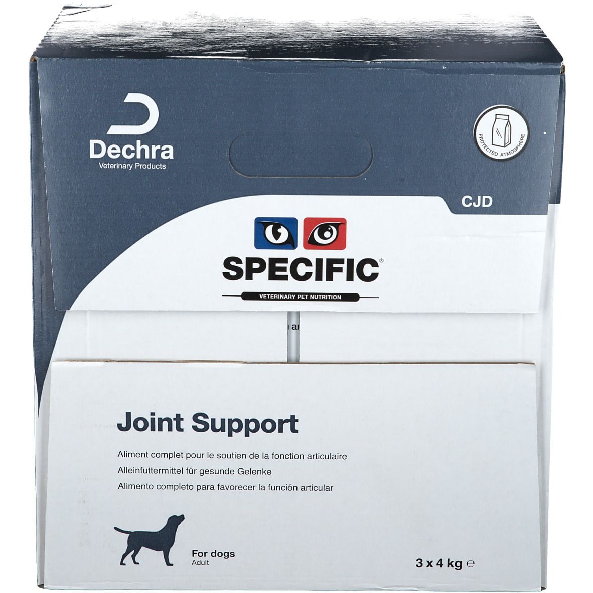 Boîte "SPECIFIC Joint Support" pour chiens. Texte multilingue, logo et indication de poids. Contient 3 paquets de 4 kg.
