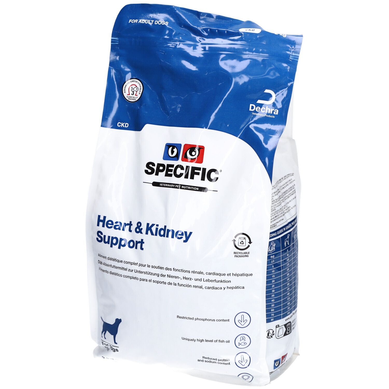 Sac de nourriture pour animaux. Inscription : SPECIFIC Heart & Kidney Support. Contient des informations sur les ingrédients et la valeur nutritionnelle.