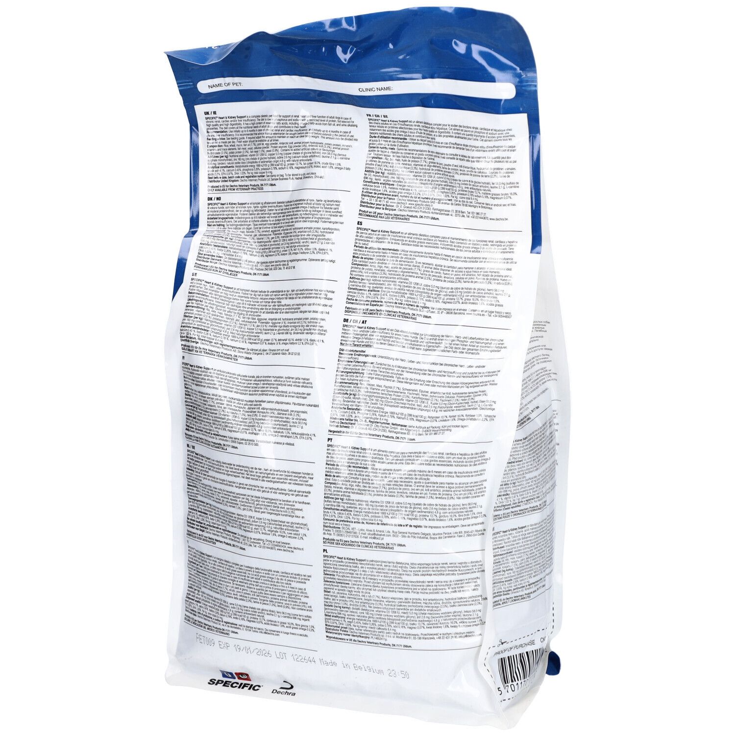 Dos du sac de nourriture pour animaux. Contient des informations textuelles, notamment les ingrédients et la valeur nutritionnelle. Marque : SPECIFIC.