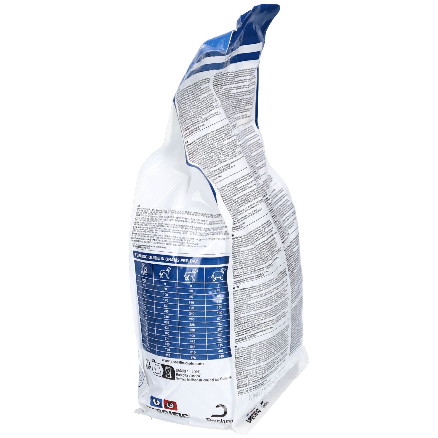 Vue latérale du sac de nourriture pour animaux. Contient des informations textuelles, dont une recommandation d'alimentation. Marque : SPECIFIC.