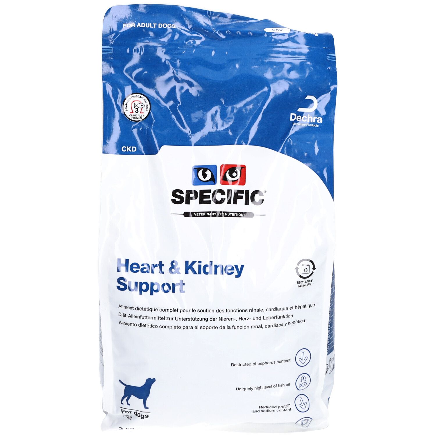 Sac de nourriture pour animaux. Inscription : SPECIFIC Heart & Kidney Support. Contient des informations sur les ingrédients et la valeur nutritionnelle.