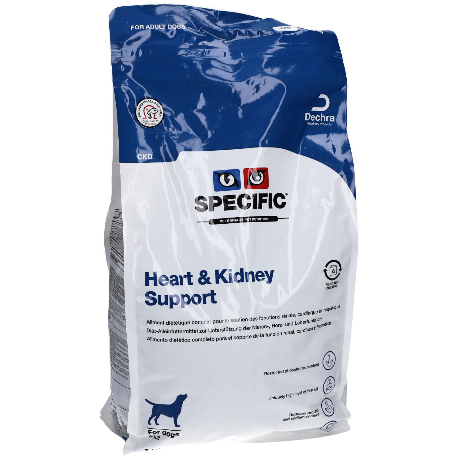 Sac de nourriture pour animaux. Inscription : SPECIFIC Heart & Kidney Support. Contient des informations sur les ingrédients et la valeur nutritionnelle.