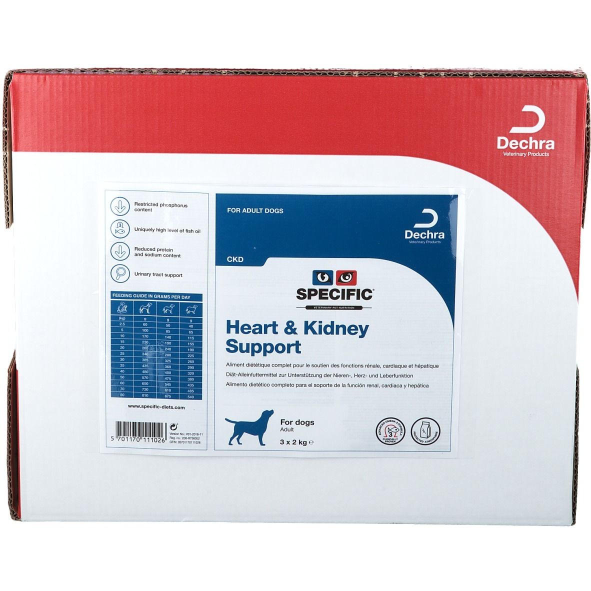 Karton mit Produktinformationen. Aufschrift: SPECIFIC Heart & Kidney Support. Für Hunde. Marke Dechra.