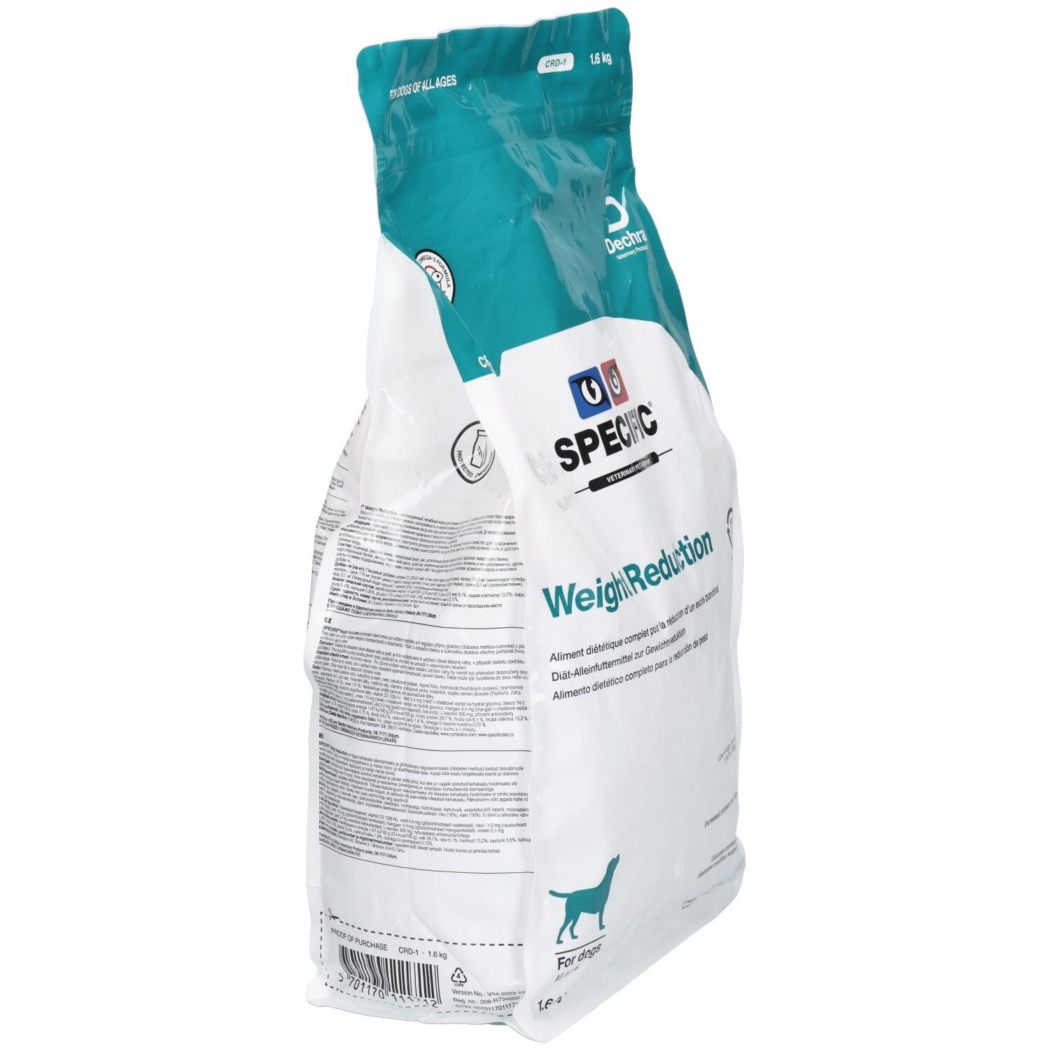 Rückseite des SPECIFIC CRD-1 Weight Reduction Hundefutterbeutels mit Nährwertangaben.