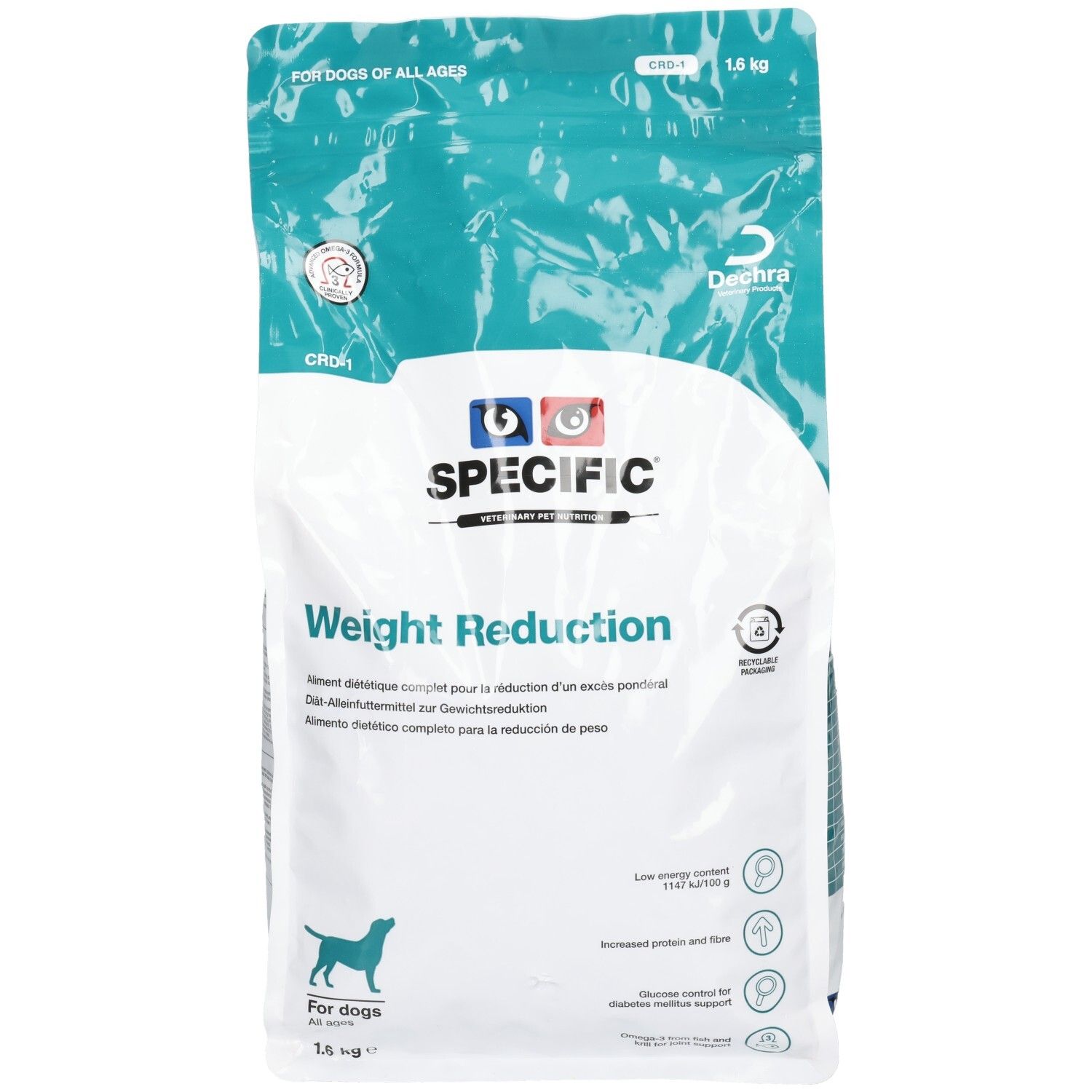 SPECIFIC CRD-1 Weight Reduction Hundefutter, 1,6 kg Beutel, mit Logo und Produktbezeichnung.
