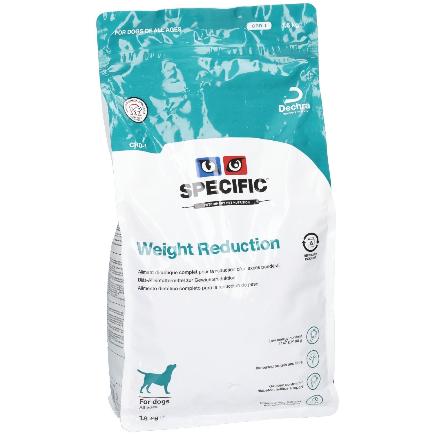 SPECIFIC CRD-1 Weight Reduction Hundefutter, 1,6 kg Beutel, mit Dechra Logo.