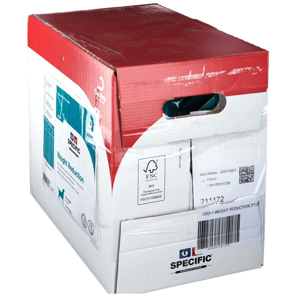 Karton mit Aufdruck. Aufschrift: SPECIFIC Weight Reduction. FSC-Zertifizierung. Griffloch.