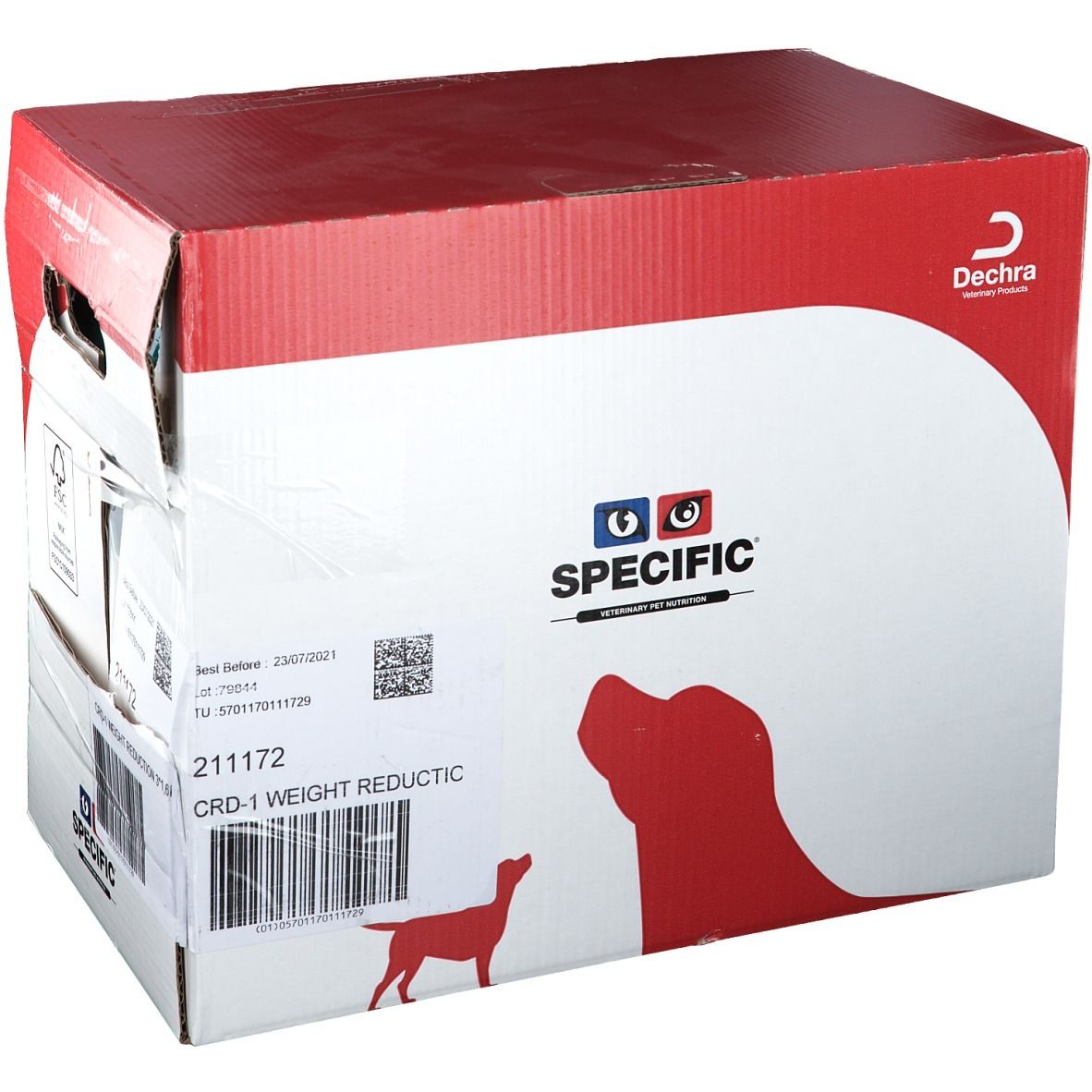 Karton mit Aufdruck. Aufschrift: SPECIFIC CRD-1 Weight Reduction. Hundesilhouette. Barcode.