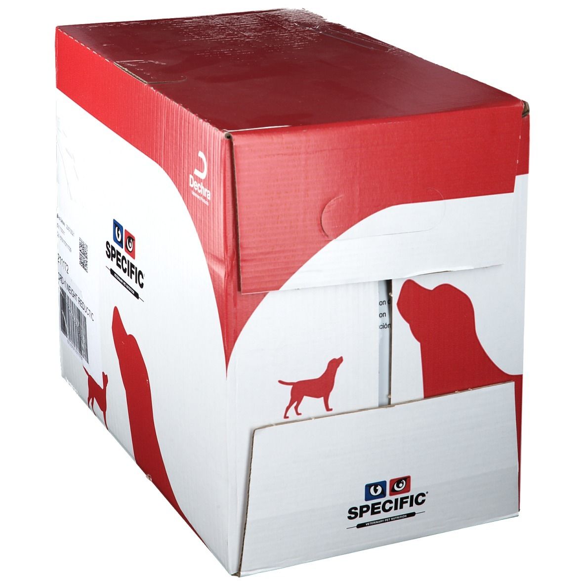 Karton mit Aufdruck. Aufschrift: SPECIFIC. Rote Hundesilhouette. Eckansicht.
