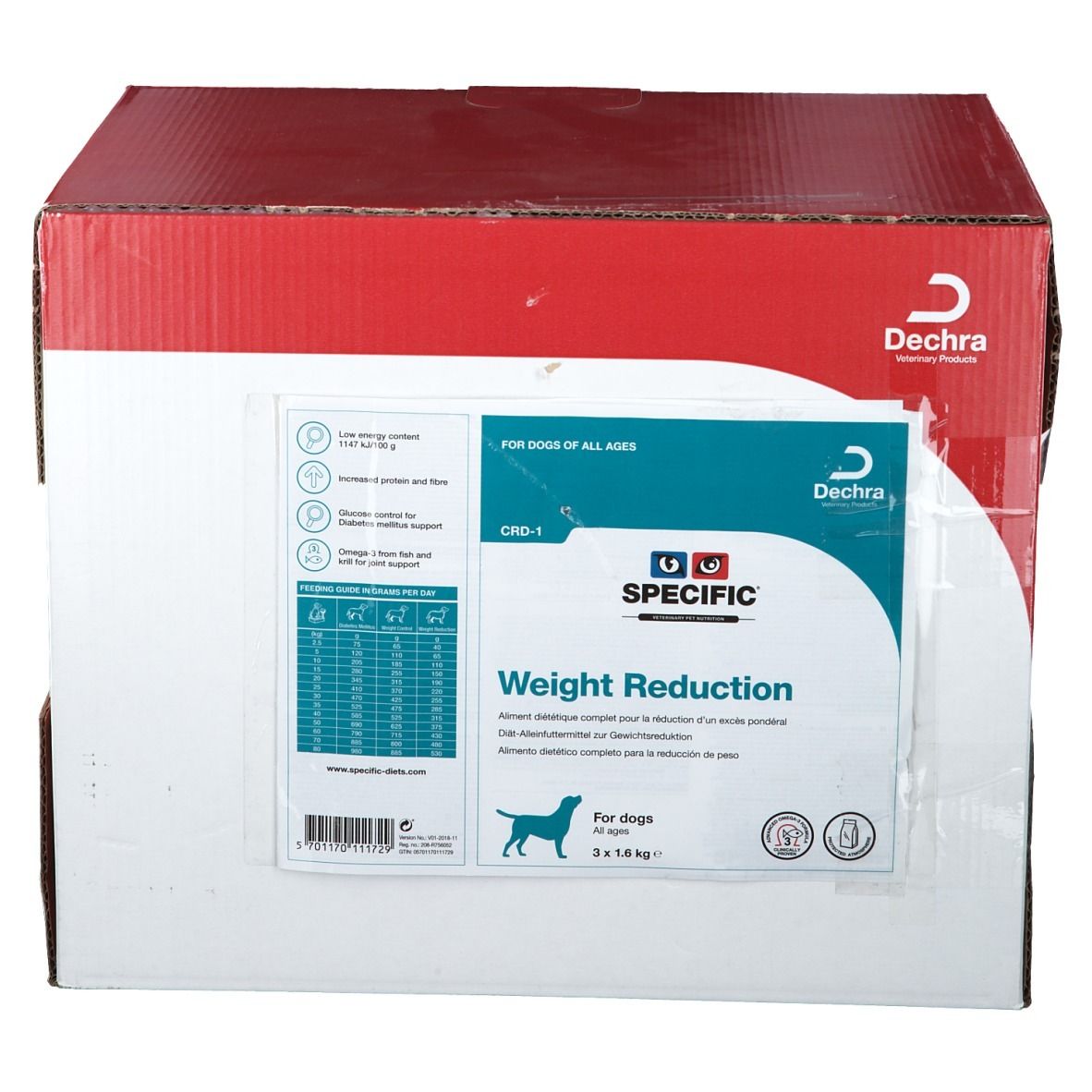 Karton mit Aufdruck. Aufschrift: SPECIFIC Weight Reduction. Für Hunde jeden Alters. 3 x 1,6 kg.