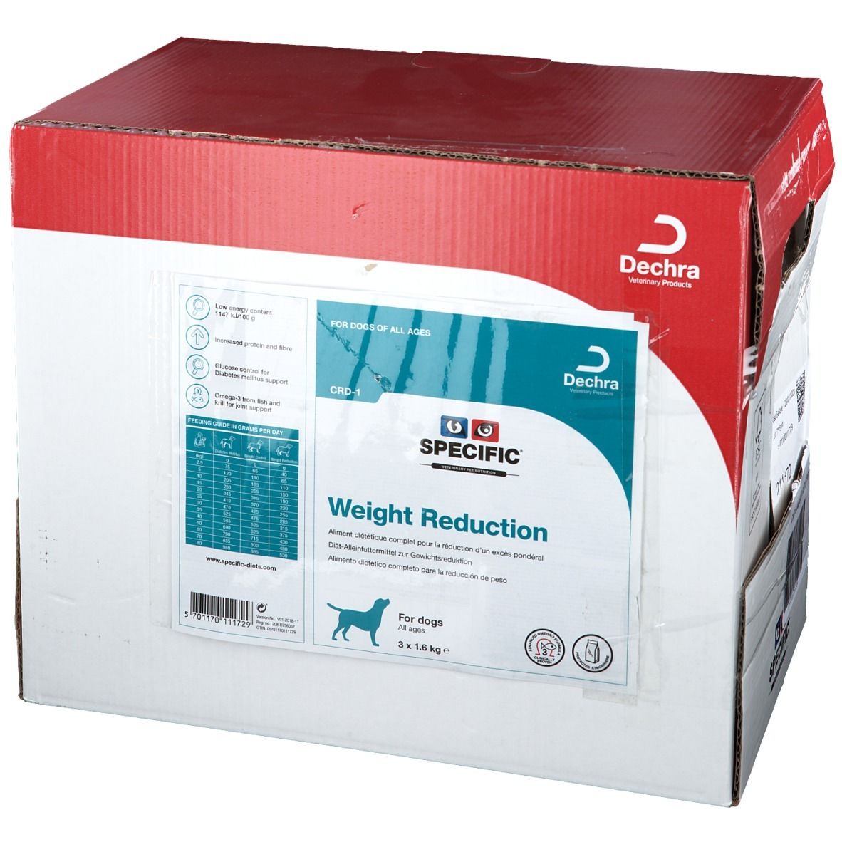 Karton mit Aufdruck. Aufschrift: SPECIFIC Weight Reduction. Für Hunde jeden Alters. 3 x 1,6 kg.