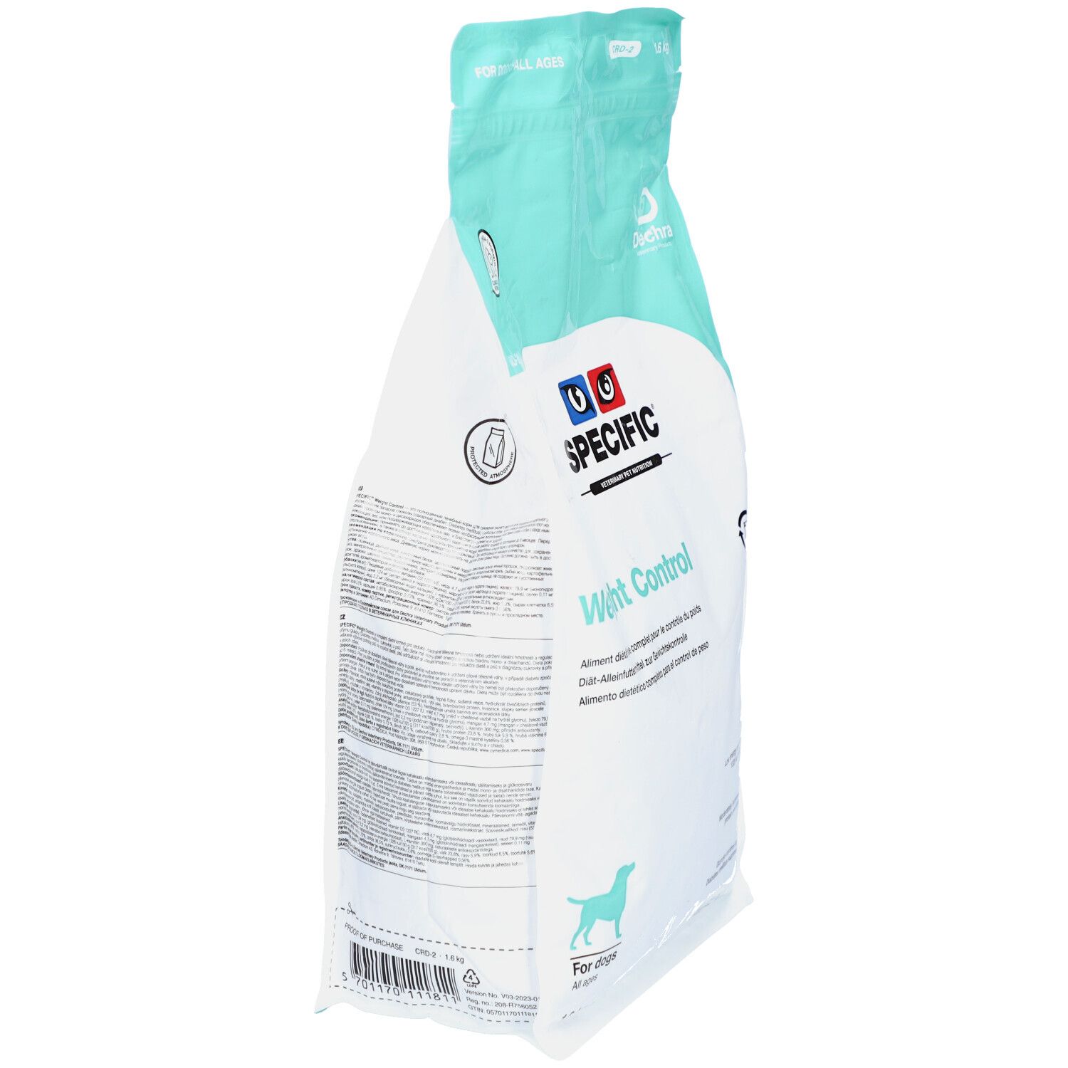 Ansicht des Beutels mit Tiernahrung. SPECIFIC Weight Control. Für Hunde. Hellblau-weiße Verpackung. Seitenansicht.